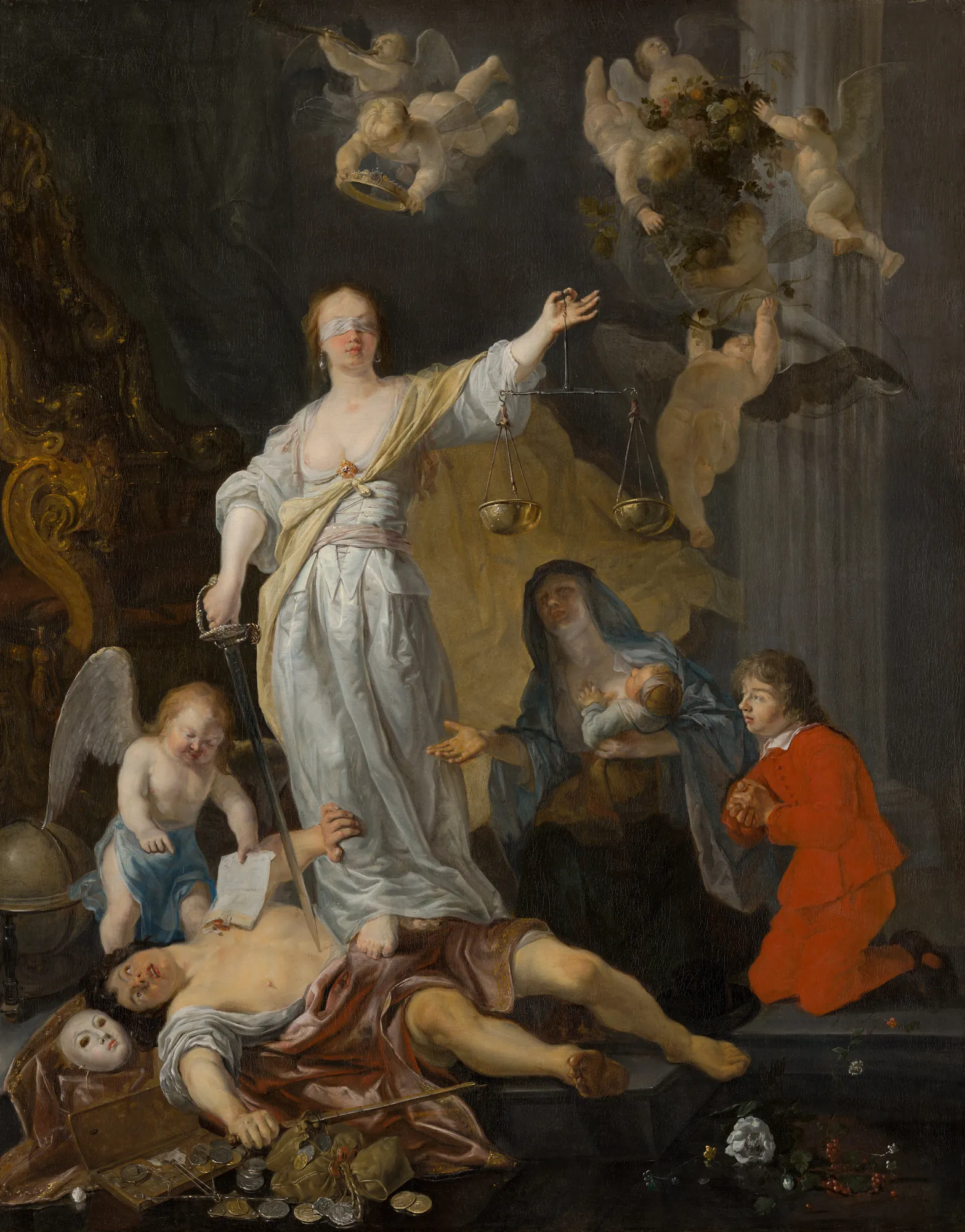 The Triumph of Justice The Triumph of Justice by Gabriel Metsu. An allegorical figure of Justice, blindfolded and holding scales and a sword, stands over a defeated man amidst cherubs and mourning figures.