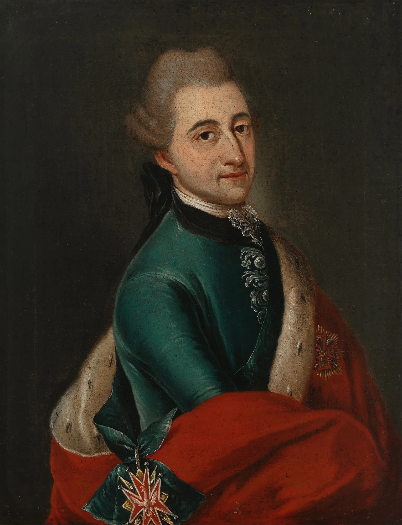 Portrait of King Stanislas Augustus Portrait of King Stanislas Augustus by Franz Ignaz Molitor. A half-length portrait of a man in a teal-green uniform and ermine-lined red cloak against a dark, somber background.