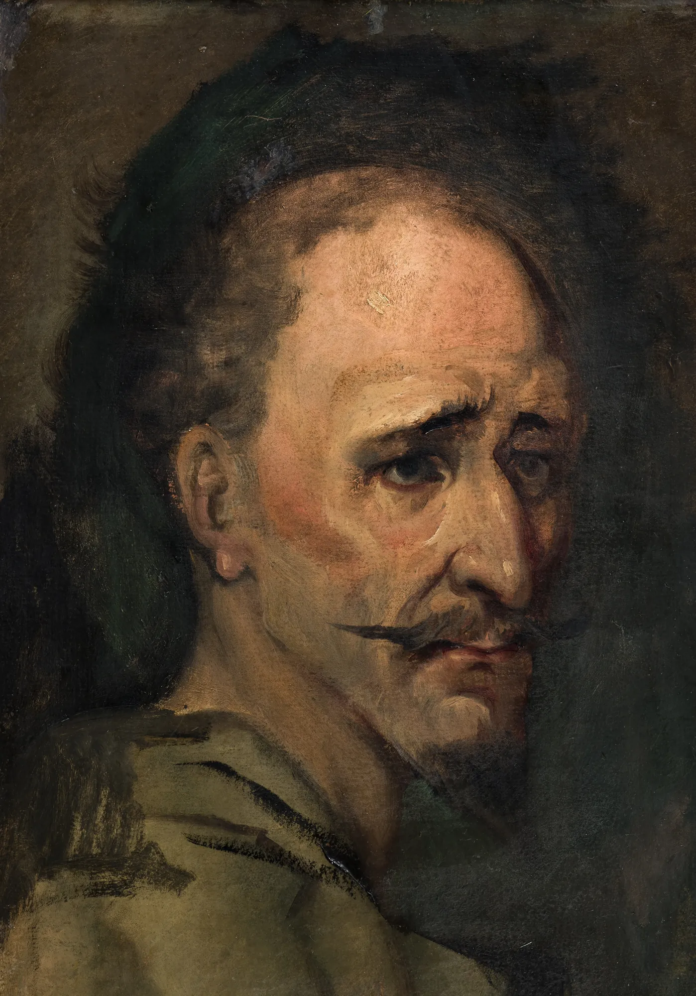 Don Quixote Don Quixote by Wilhelm Marstrand. A close-up oil portrait of a gaunt man with a dark mustache and pointed beard, rendered in a melancholic and atmospheric style.