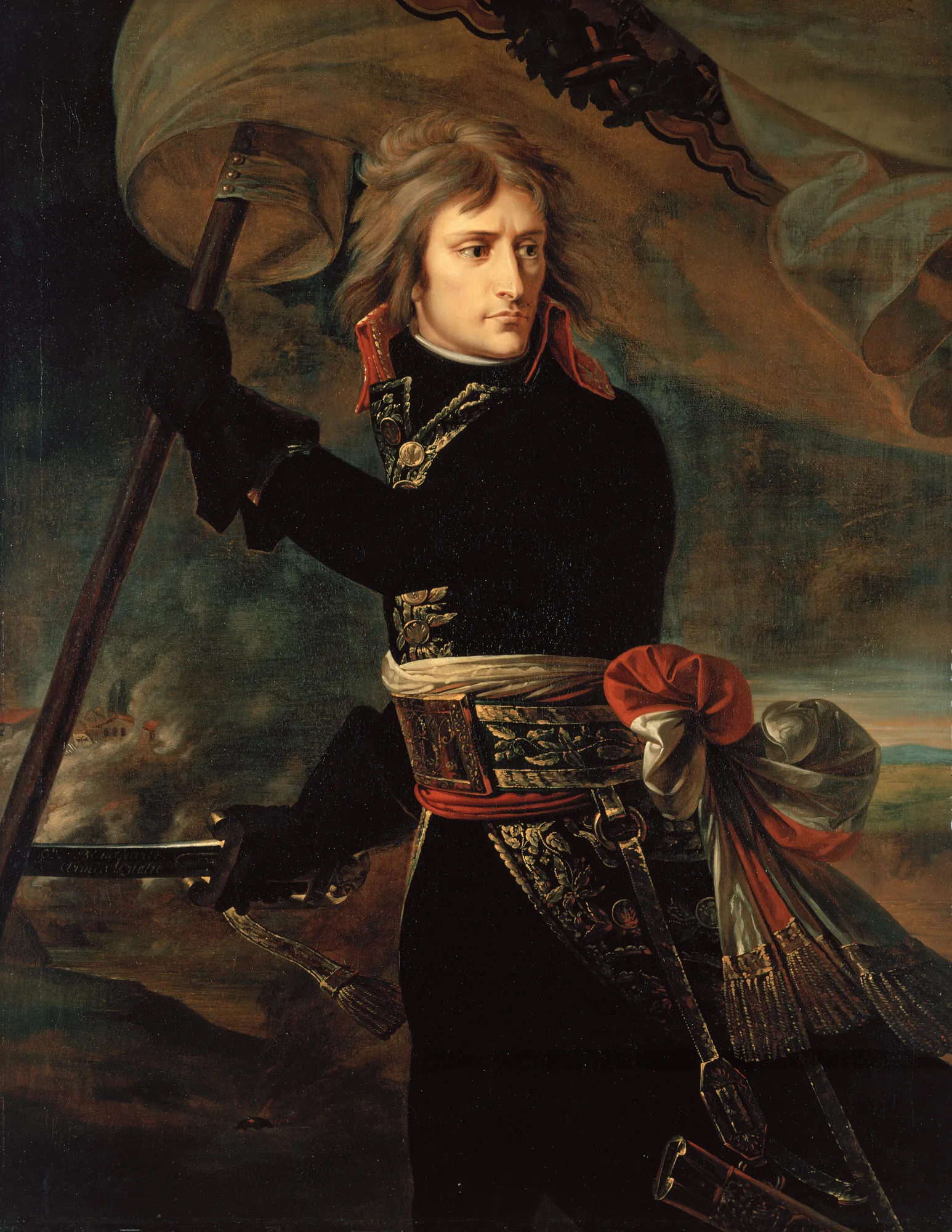 Bonaparte at the Pont d'Arcole Bonaparte at the Pont d'Arcole by Antoine-Jean Gros. A dynamic portrait of a young Napoleon Bonaparte in military uniform, holding a flag aloft amidst the smoke of battle.