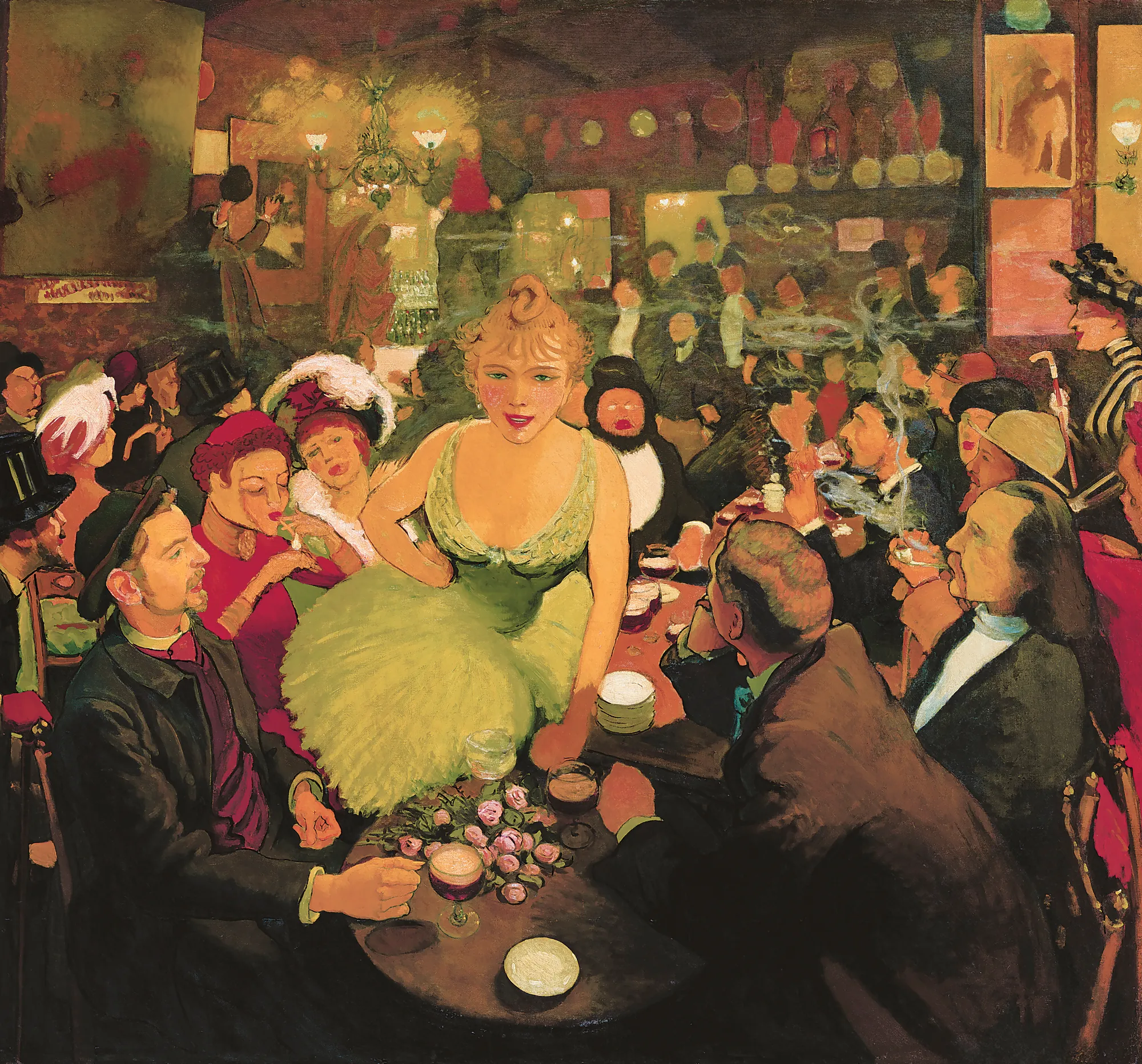 The Interior of Le Mirliton The Interior of Le Mirliton by Louis Anquetin. A bustling interior scene of a Parisian cabaret, centered on a woman in a luminous green dress standing amidst patrons at tables.