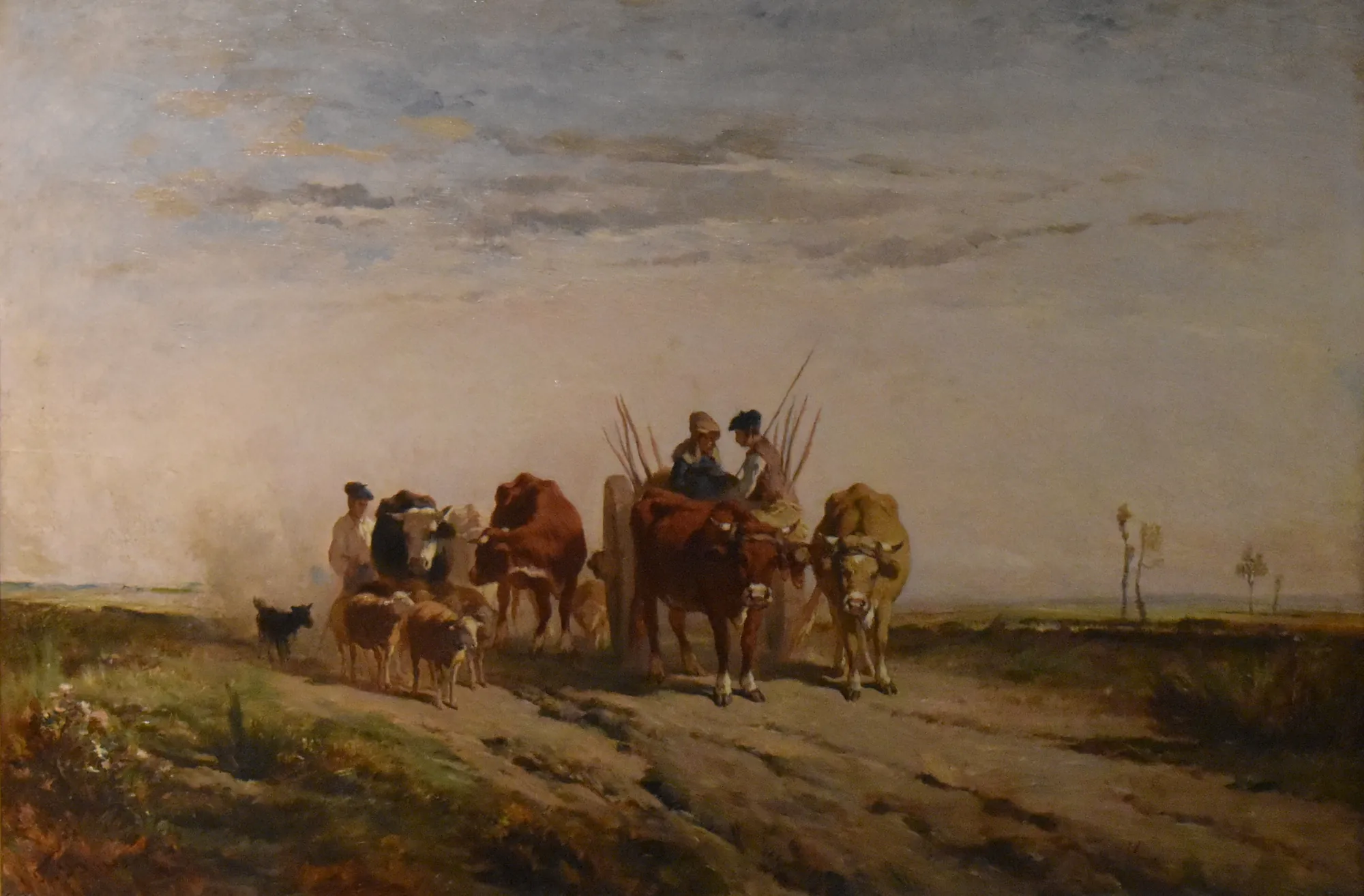 Attelage Attelage by Félix Brissot de Warville. A group of farmers with a team of oxen and a flock of sheep traverse a dirt path under an expansive, cloudy sky.