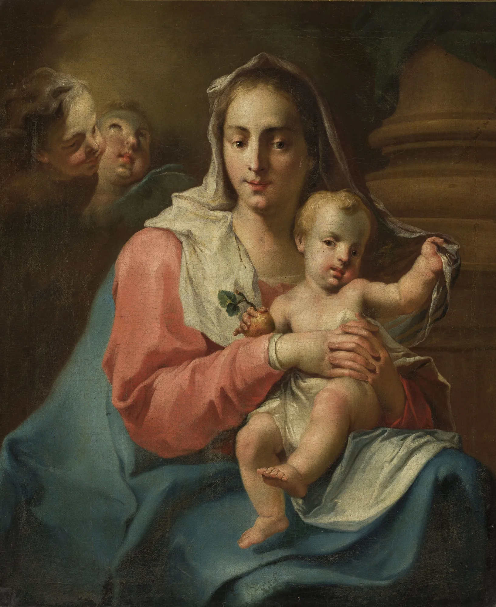 Madonna and Child with Two Angels Madonna and Child with Two Angels by Giambattista Pittoni. A painting of the Virgin Mary cradling the Christ child while two cherubic angels look on from the shadows of an architectural setting.