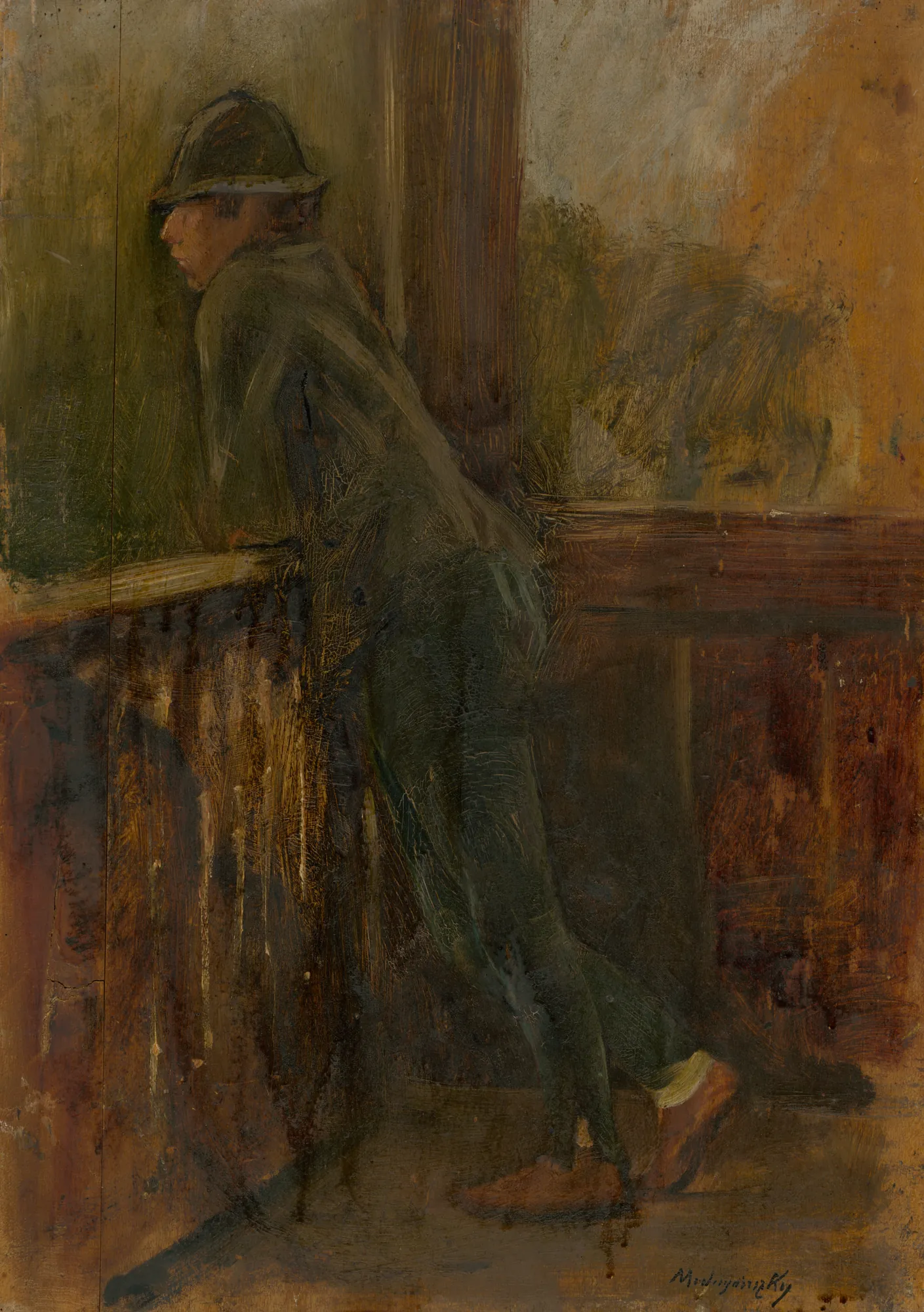 Boy on the Porch Boy on the Porch by László Mednyánszky. A boy wearing a cap leans thoughtfully against a dark wooden porch railing, set against a misty, dark background.