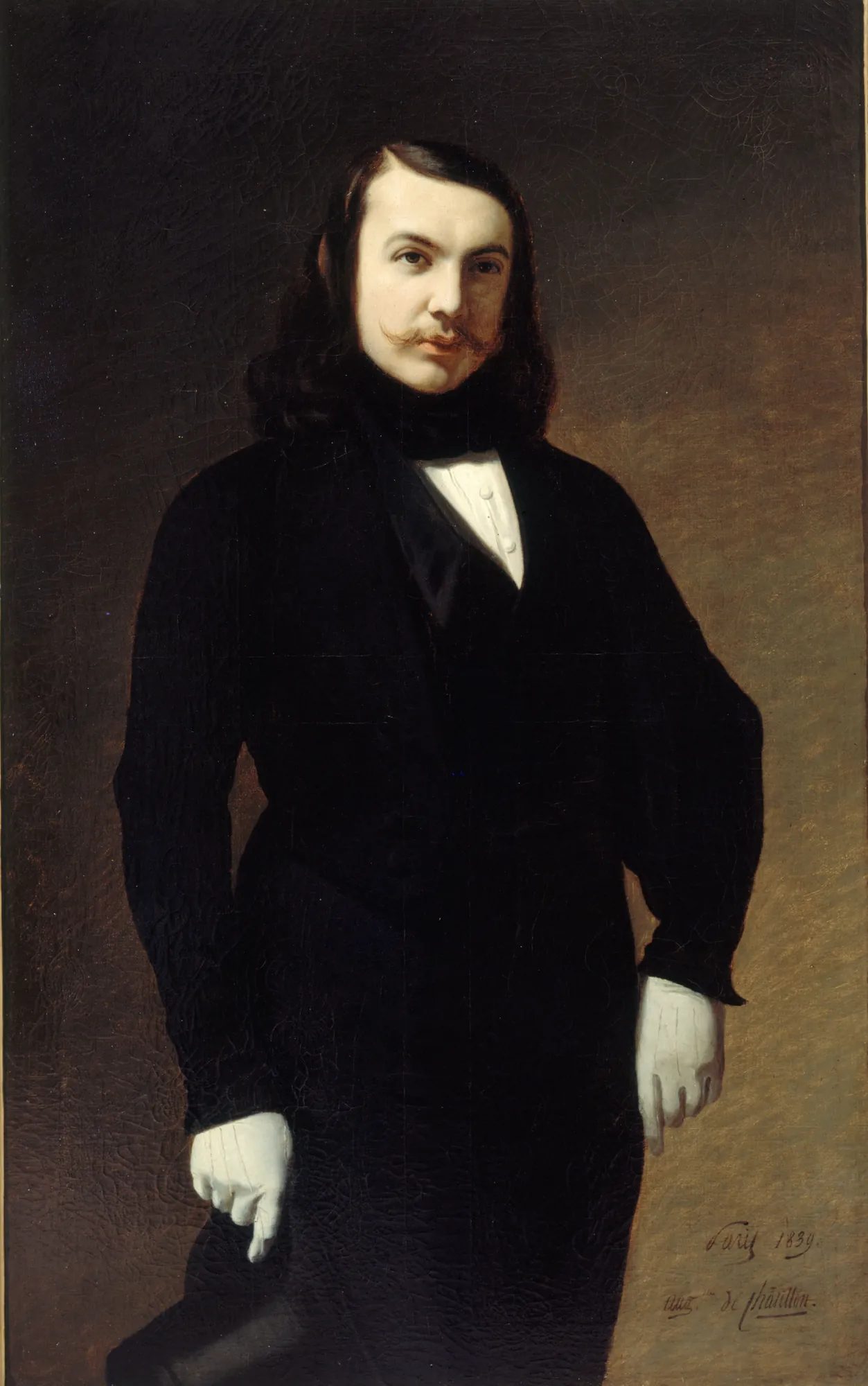 Portrait of Théophile Gautier Portrait of Théophile Gautier by Auguste de Châtillon. A waist-length portrait of a man with long dark hair and a mustache, dressed in black with white gloves against a dark, tonal background.