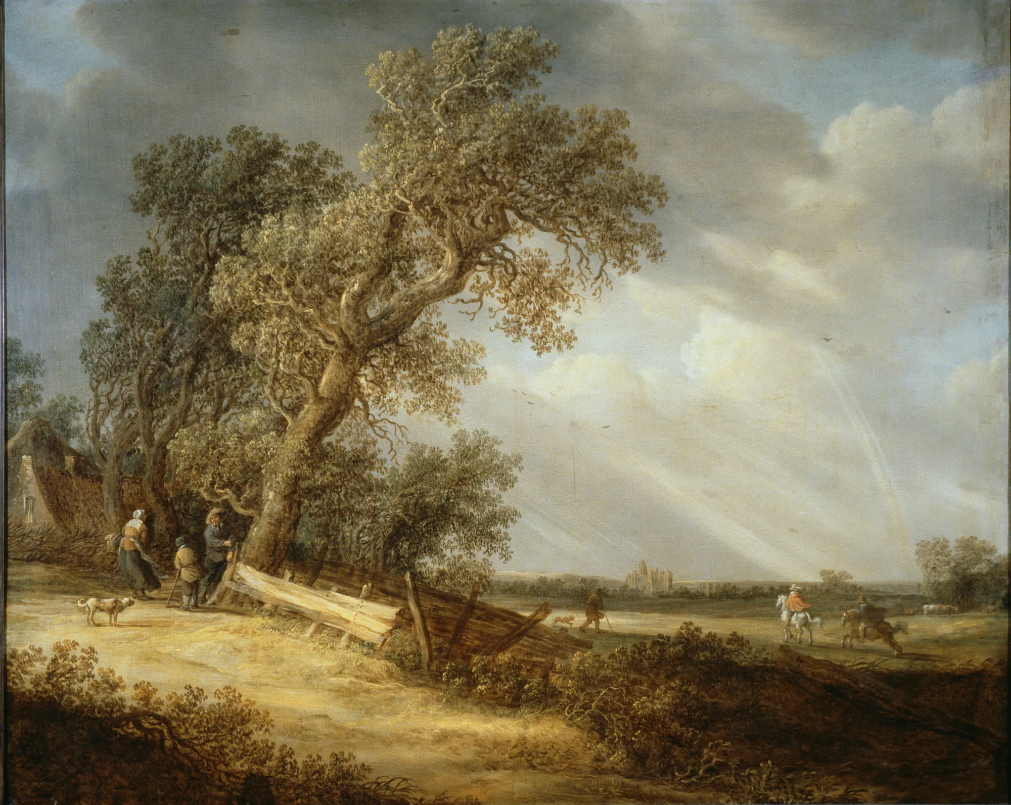 Landscape with a Rainbow Landscape with a Rainbow by Jan van Goyen. A Dutch Golden Age landscape featuring gnarled trees, traveling figures on a path, and a double rainbow across a cloudy sky.