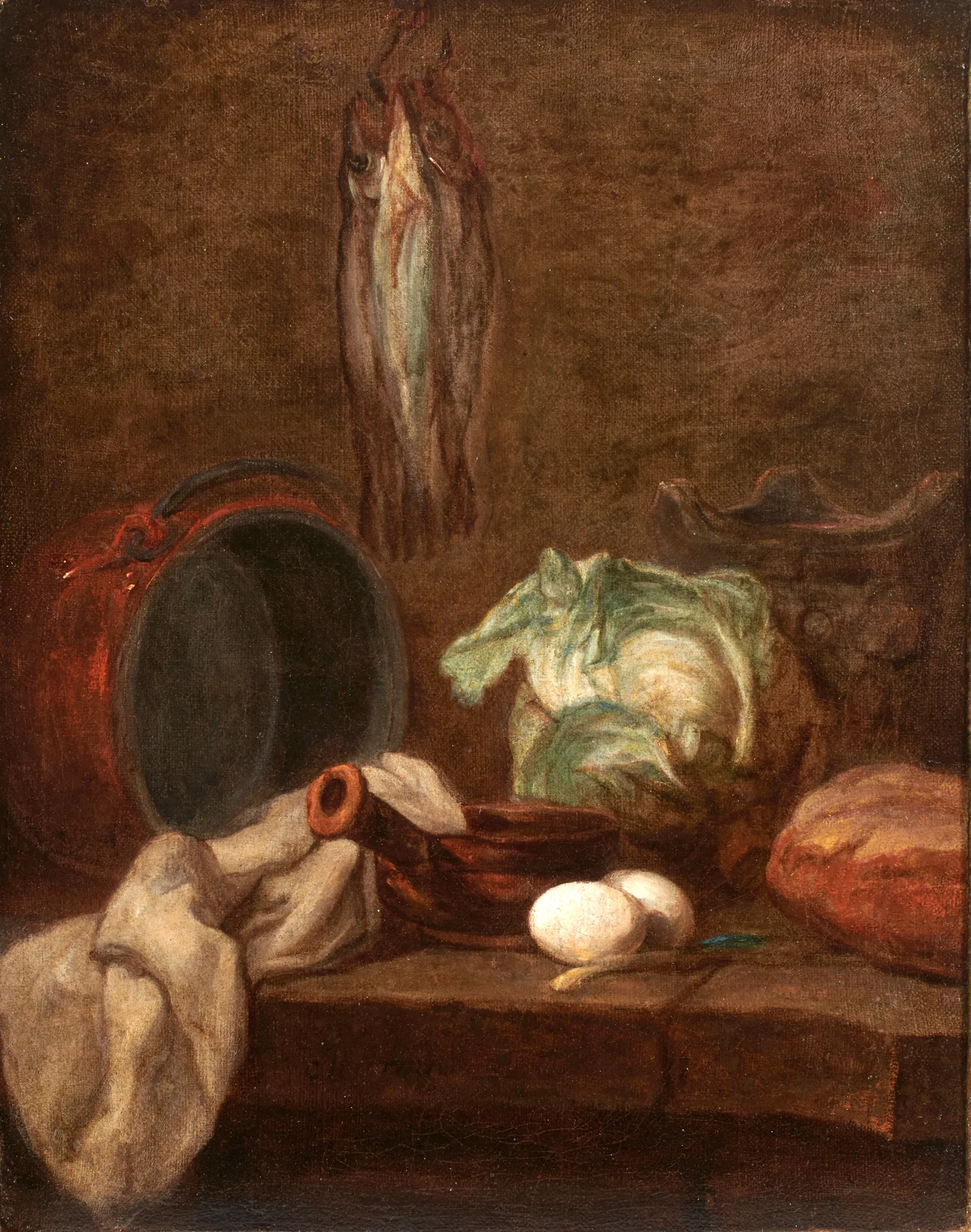Kitchen Utensils and Three Herrings or Whitings