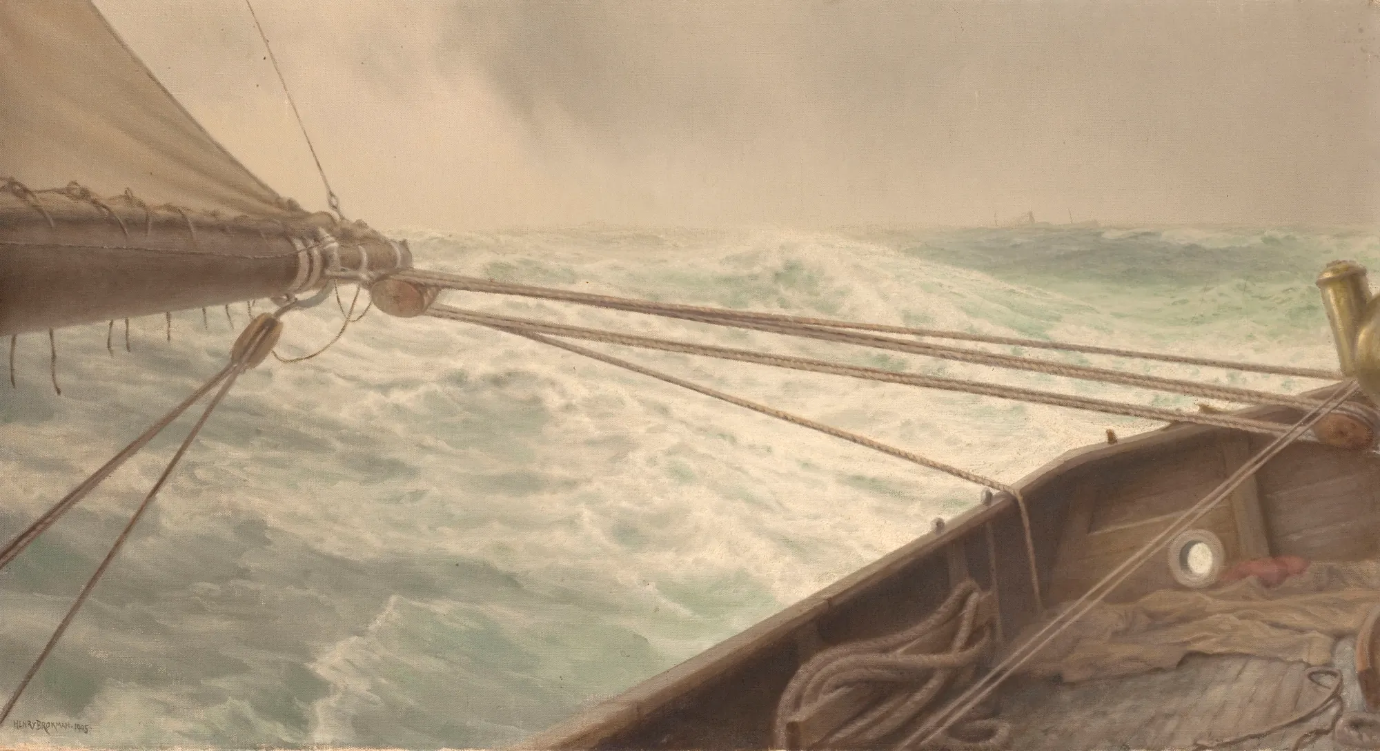 Poupe de l'Alda, mer démontée Poupe de l'Alda, mer démontée by Henry Brokmann. A view from the stern of a wooden sailing boat looking out over a churning, white-capped sea under a grey sky.