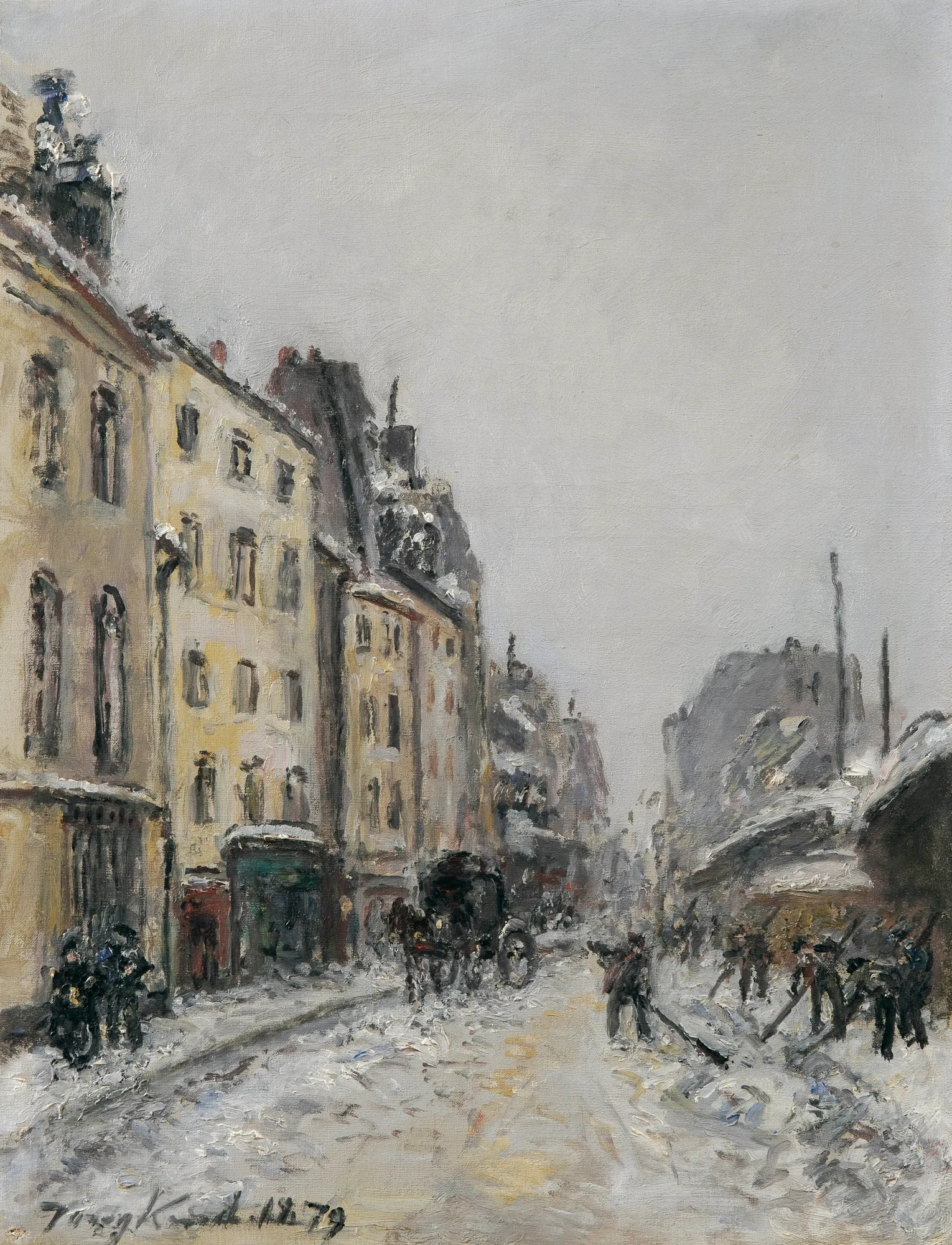 Rue du Faubourg-Saint-Jacques in Paris Rue du Faubourg-Saint-Jacques in Paris by Johan Jongkind. A snowy street in 19th-century Paris featuring tall buildings, a horse-drawn carriage, and figures clearing snow under a grey, overcast sky.