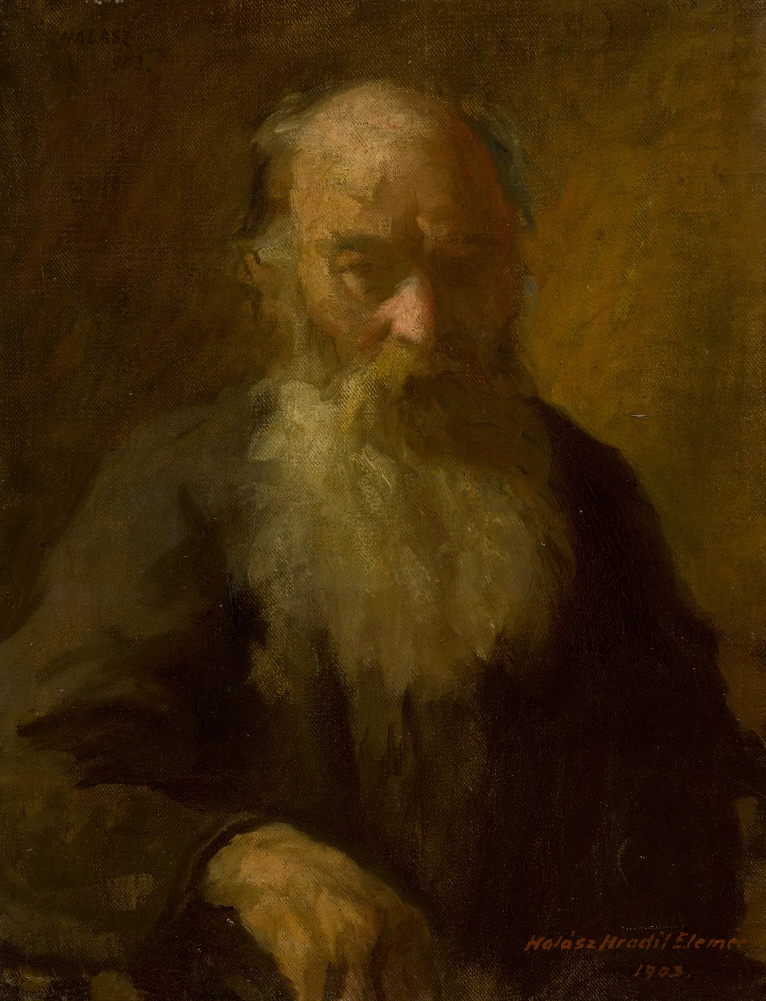 Starec (Old Man) Starec (Old Man) by Elemír Halász-Hradil. A moody oil portrait of an elderly man with a voluminous white beard, rendered with dramatic lighting against a dark, textured background.