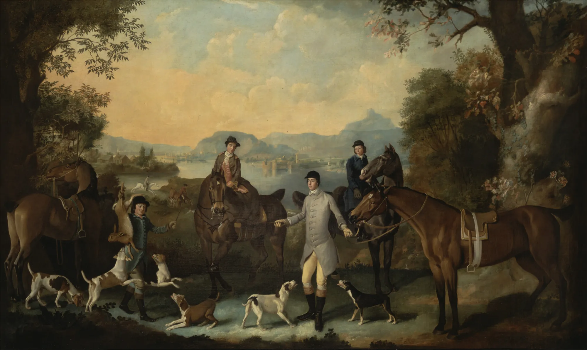 The Death of the Hare The Death of the Hare by Unknown Artist. An 18th-century hunting scene featuring riders on horseback and hounds gathered around a man holding a hare in a vast landscape.