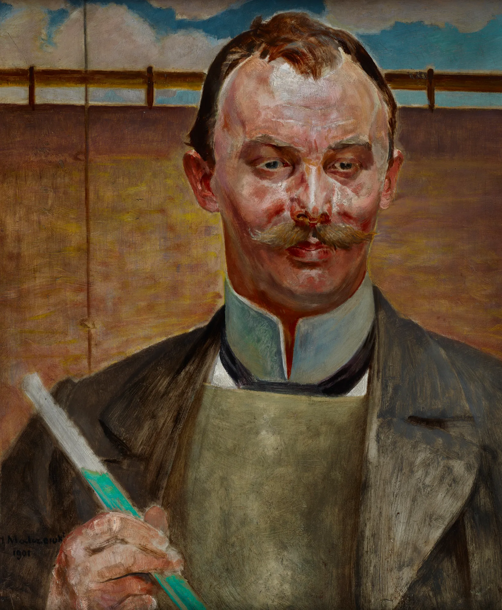 Portrait of Alfred Stepek Portrait of Alfred Stepek by Jacek Malczewski. An oil portrait of a man with a thick handlebar mustache holding a glass tube with green liquid against a hazy outdoor background.