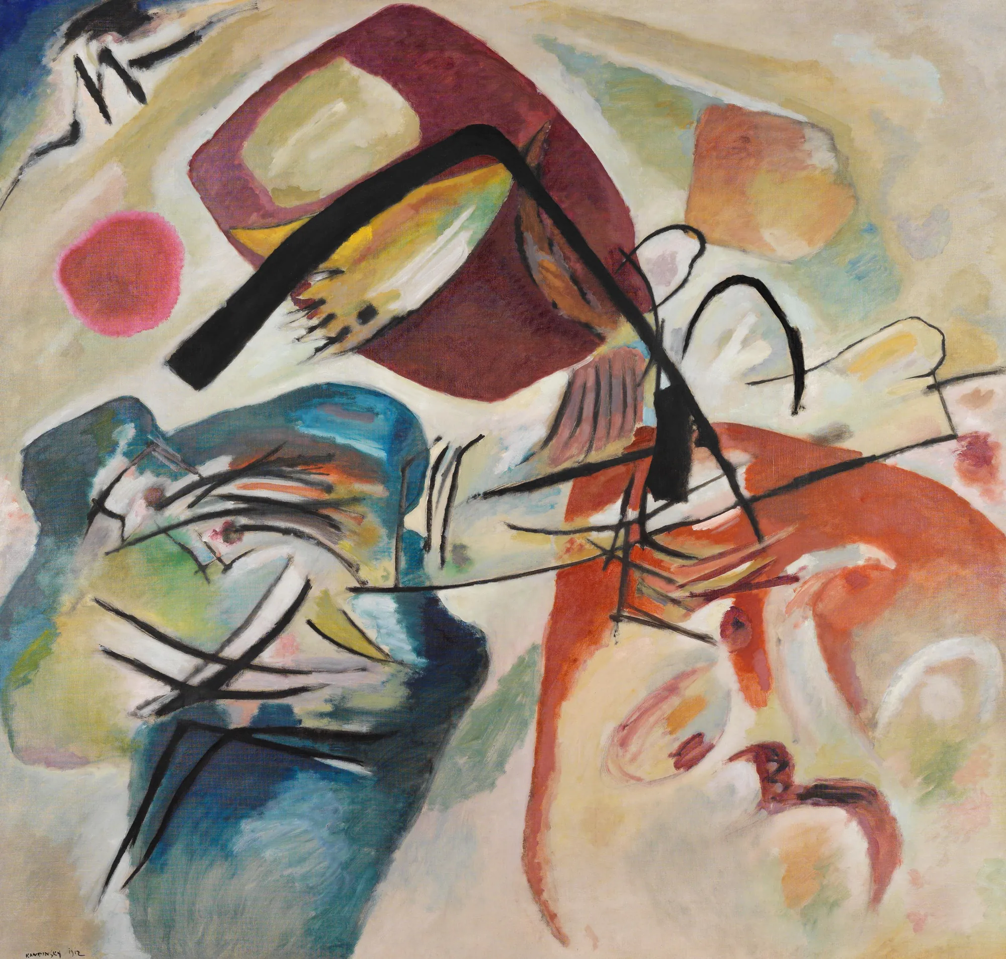 Picture with a Black Arch Picture with a Black Arch by Wassily Kandinsky. An abstract oil painting composed of three large, soft color blocks in blue, red, and yellow-orange, intersected by a prominent, angular black arch.