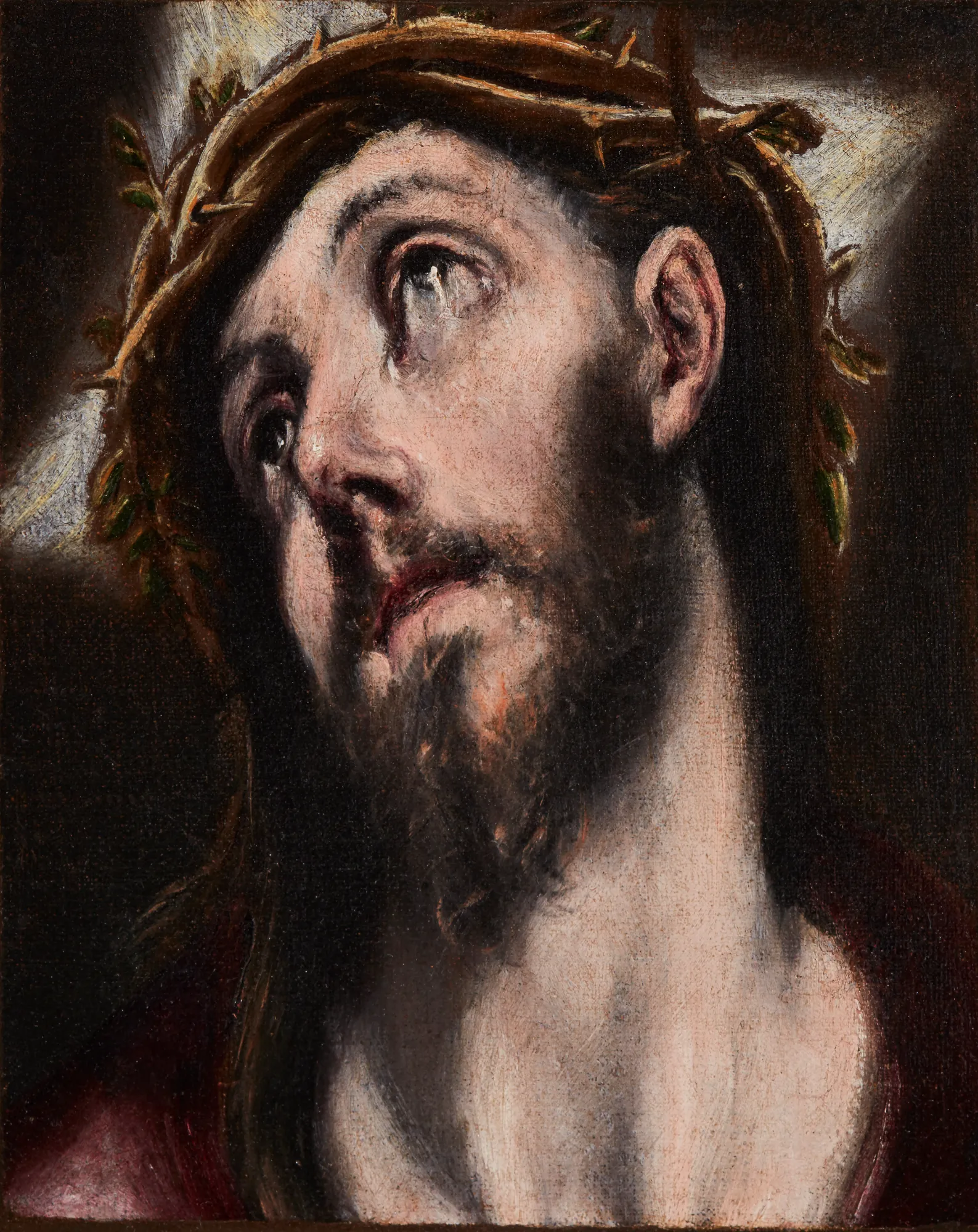 Christ Bearing the Cross Christ Bearing the Cross by El Greco. A dramatic close-up portrait of Christ wearing a crown of thorns, looking upward with eyes full of pathos against a dark background.