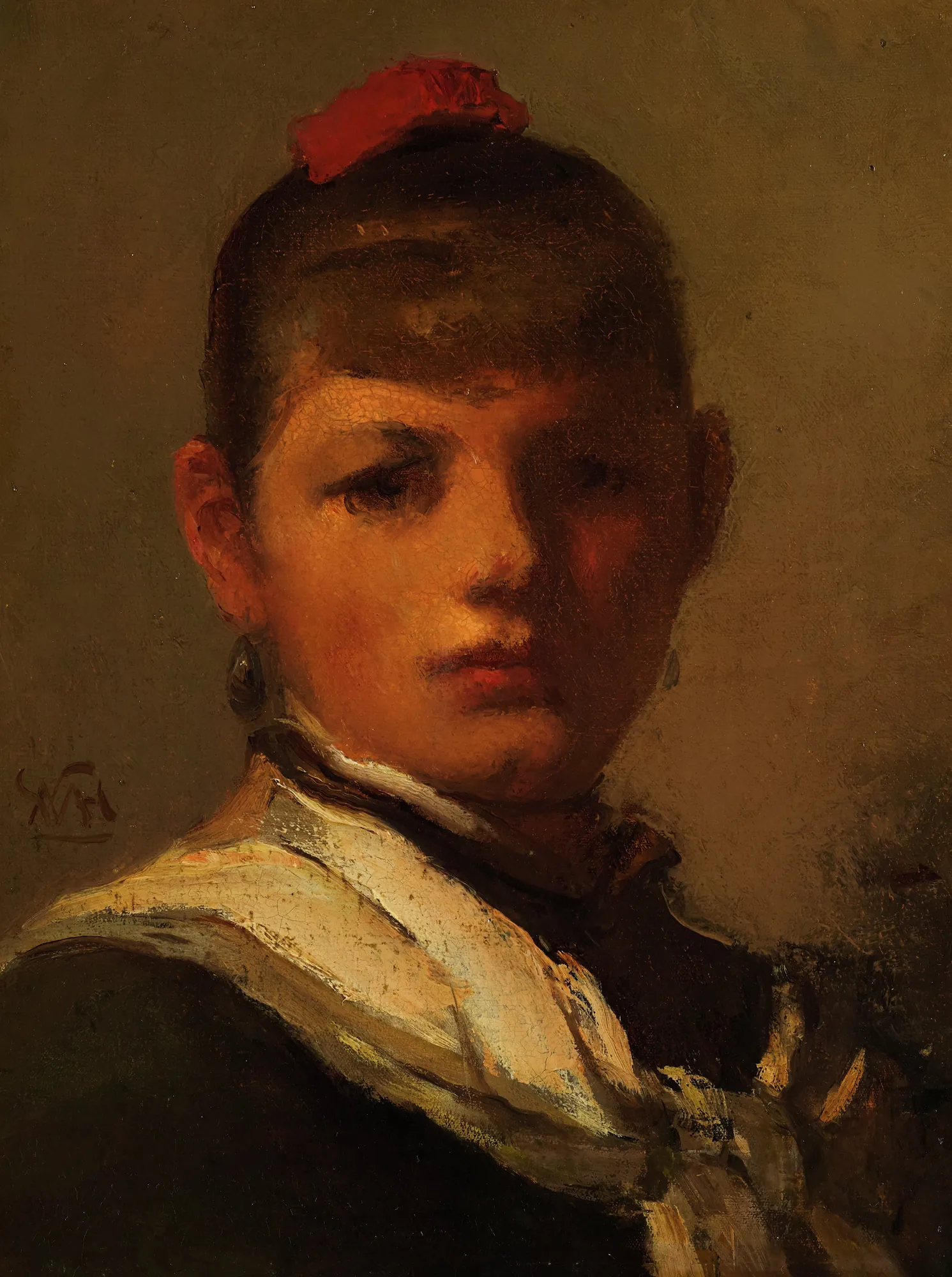 Girl with Red Hair Ribbon Girl with Red Hair Ribbon by William Morris Hunt. A portrait of a young girl wearing a white shawl and a bright red ribbon in her dark hair, set against a dark, atmospheric background.