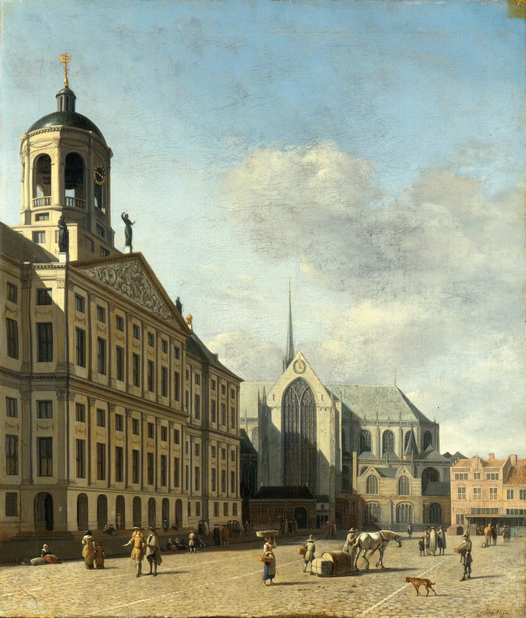 The Town Hall in Amsterdam The Town Hall in Amsterdam by Gerrit Adriaenszoon Berckheyde. A grand 17th-century view of the Amsterdam Town Hall and neighboring church under a bright, expansive sky with figures and horses in the foreground square.