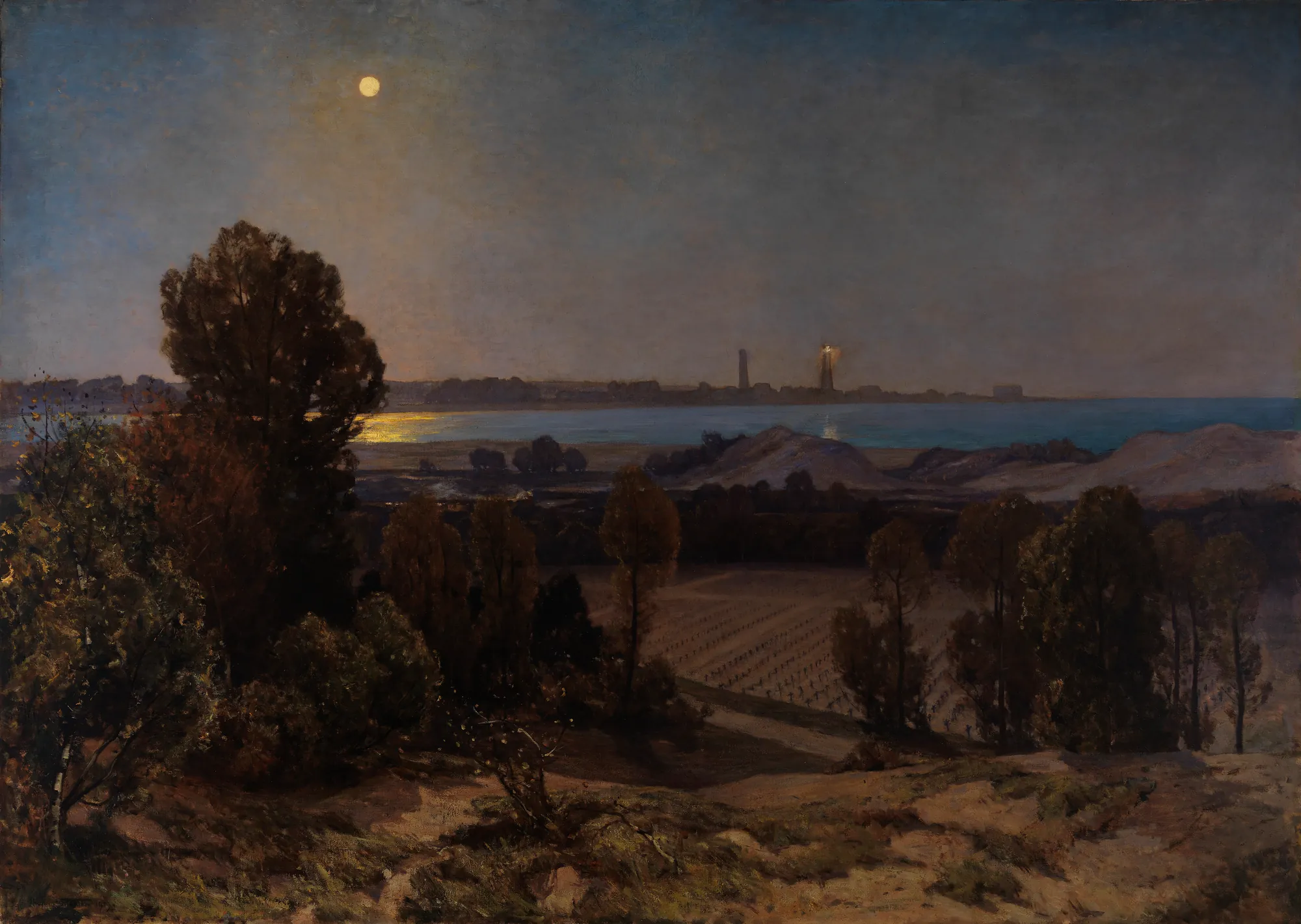 The Cemetery, Pas de Calais The Cemetery, Pas de Calais by Herbert Hughes-Stanton. A moonlit nocturnal landscape looking over a dark valley toward a distant horizon and a body of water.