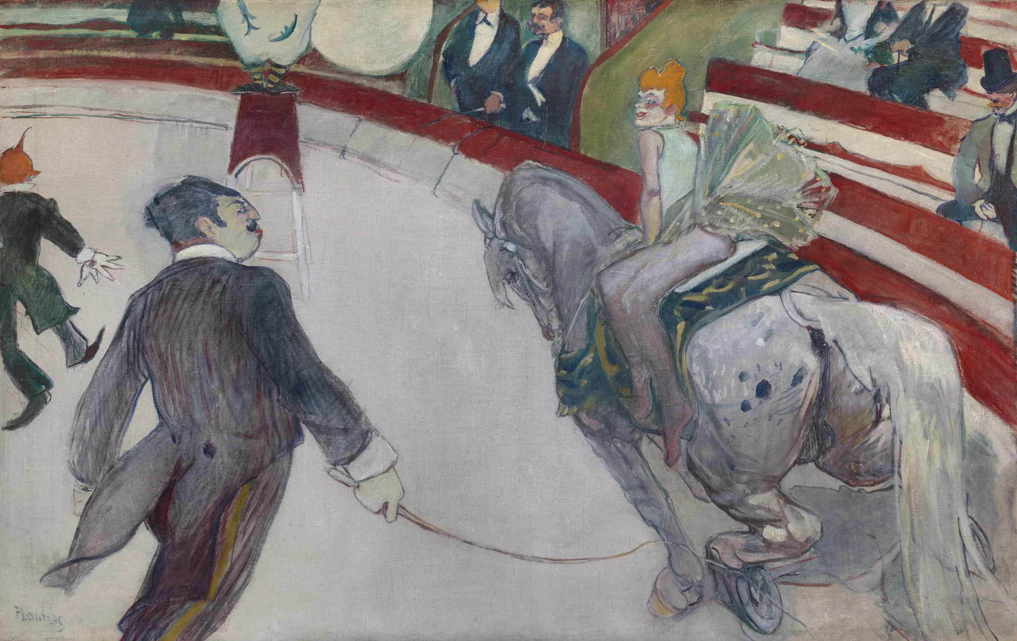 Equestrienne (At the Cirque Fernando) Equestrienne (At the Cirque Fernando) by Henri de Toulouse-Lautrec. A red-haired female circus rider in a tutu balanced on a grey horse while a ringmaster in a tailcoat looks on from the ring floor.