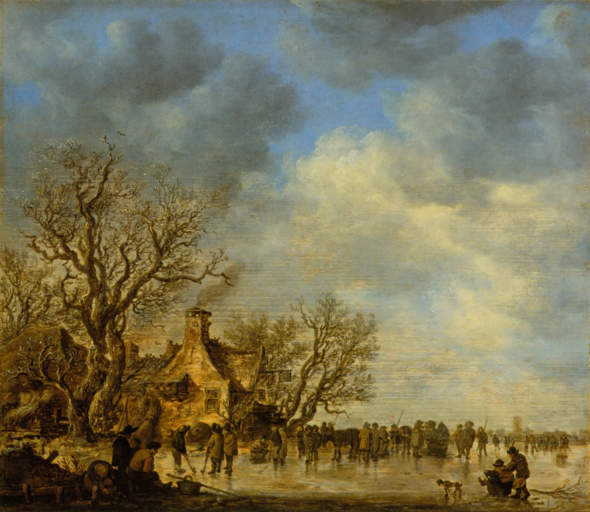 Ice Skating Before an Inn Ice Skating Before an Inn by Jan van Goyen. Figures gather and skate on a frozen river beside a rustic inn under a vast, cloud-filled sky.