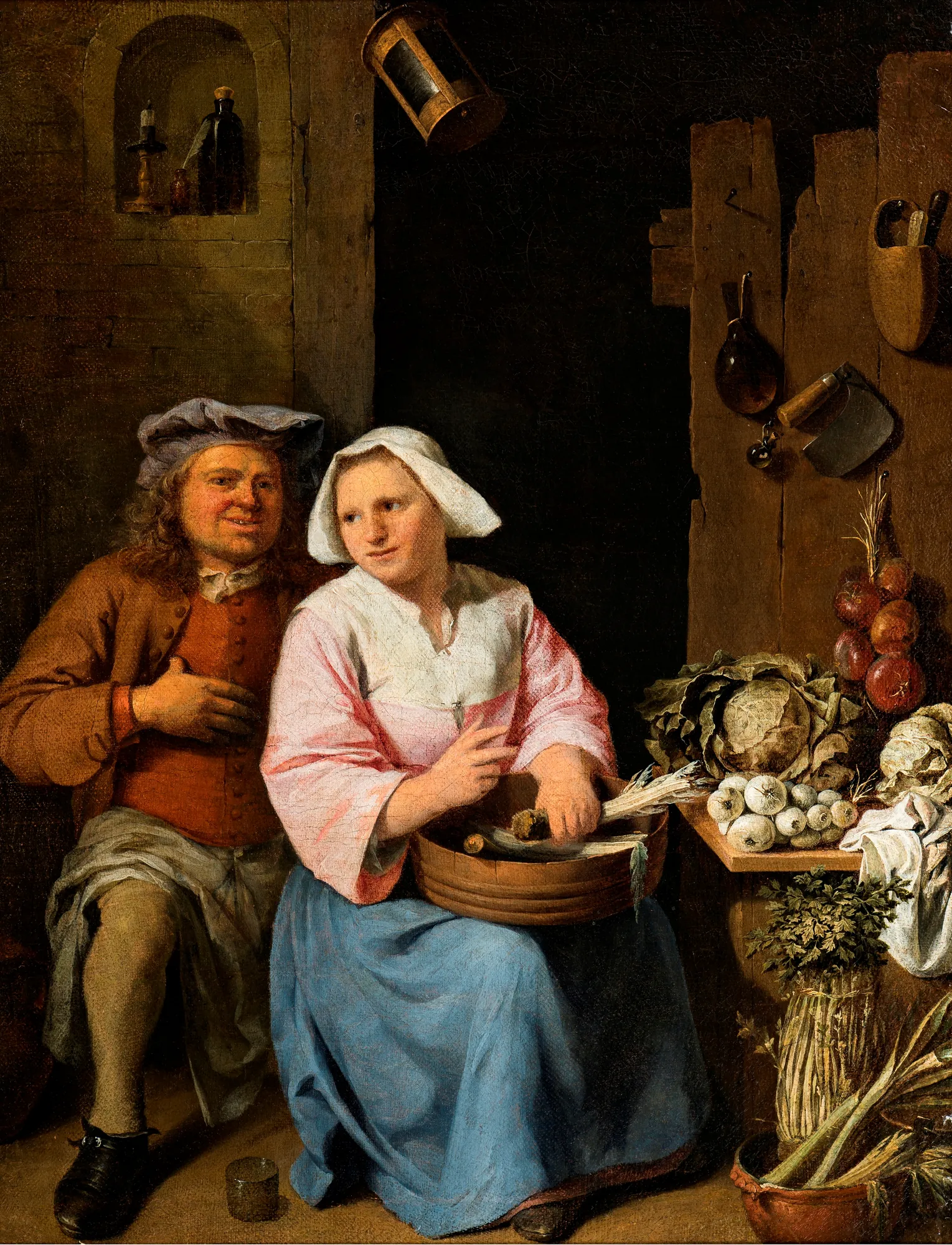 The Declaration of Love The Declaration of Love by Nicolaes van Haeften. A man in a brown coat and hat leans toward a seated woman in a pink top and white cap who is preparing vegetables in a rustic interior.