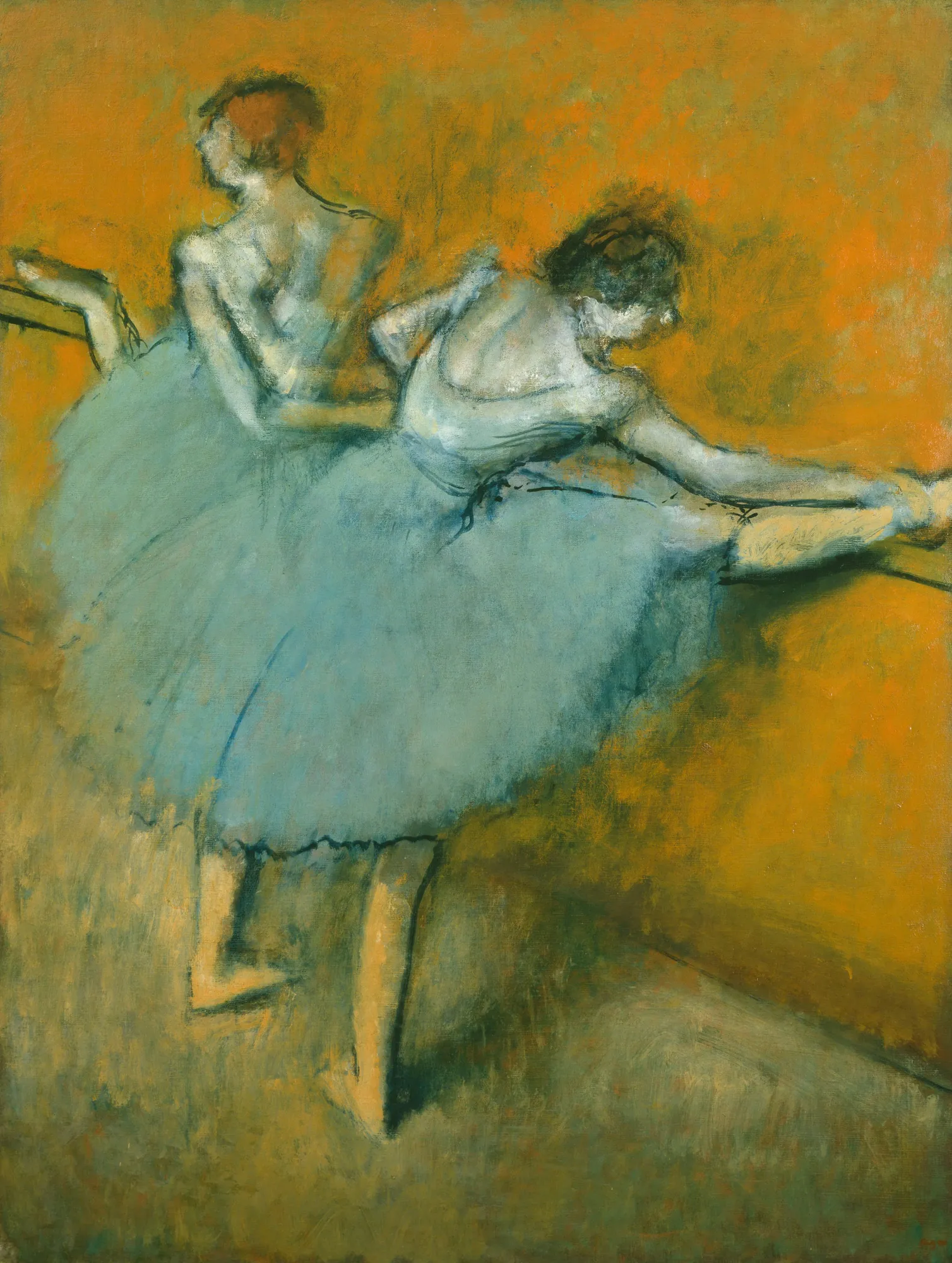 Dancers at the Barre Dancers at the Barre by Edgar Degas. Two ballet dancers in blue tutus practice at a wooden barre against a vibrant orange wall.