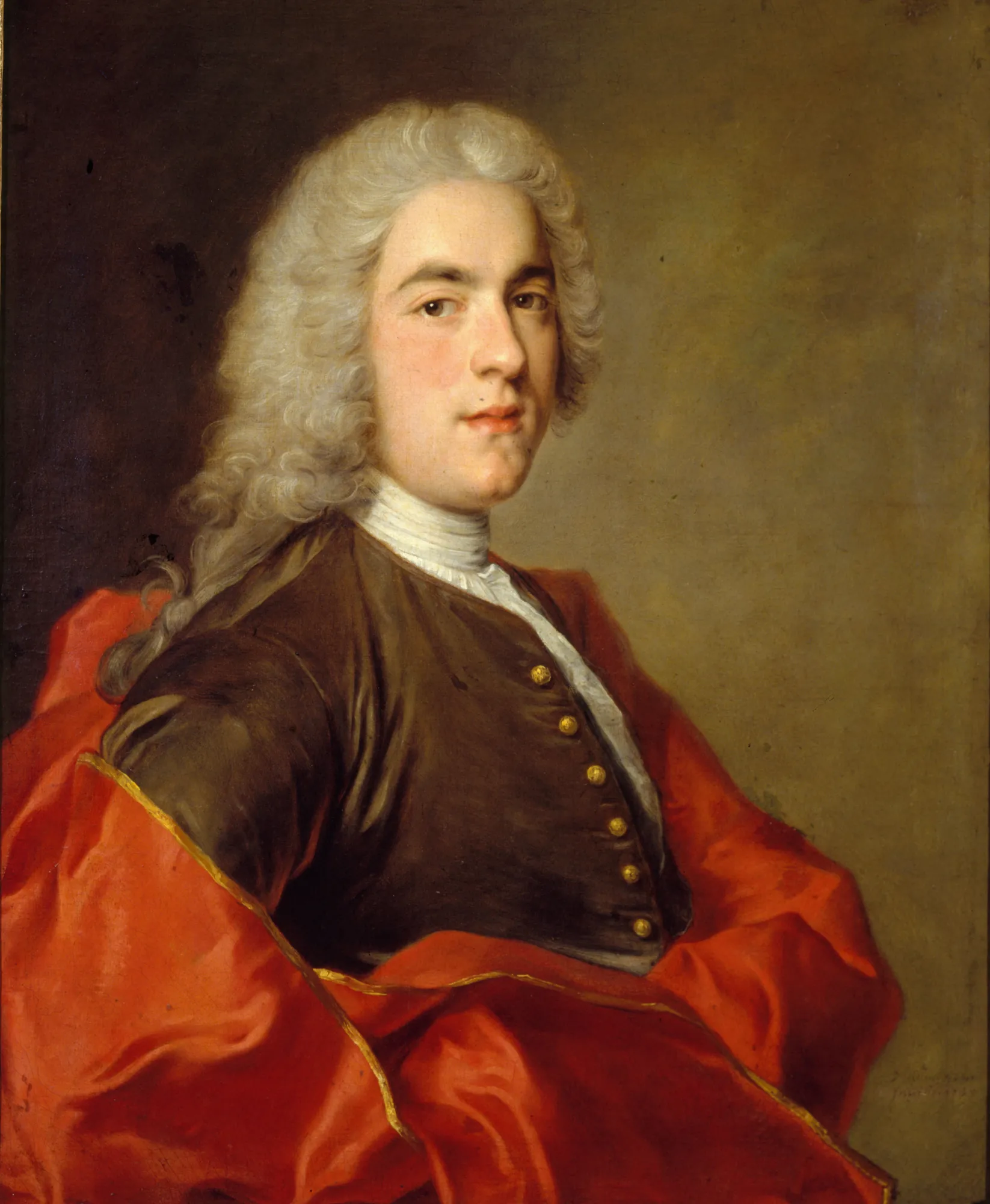 Monsieur Sarasin Monsieur Sarasin by Jean-Marc Nattier. A three-quarter length portrait of a man in a powdered wig and a vibrant red cloak over a brown waistcoat.