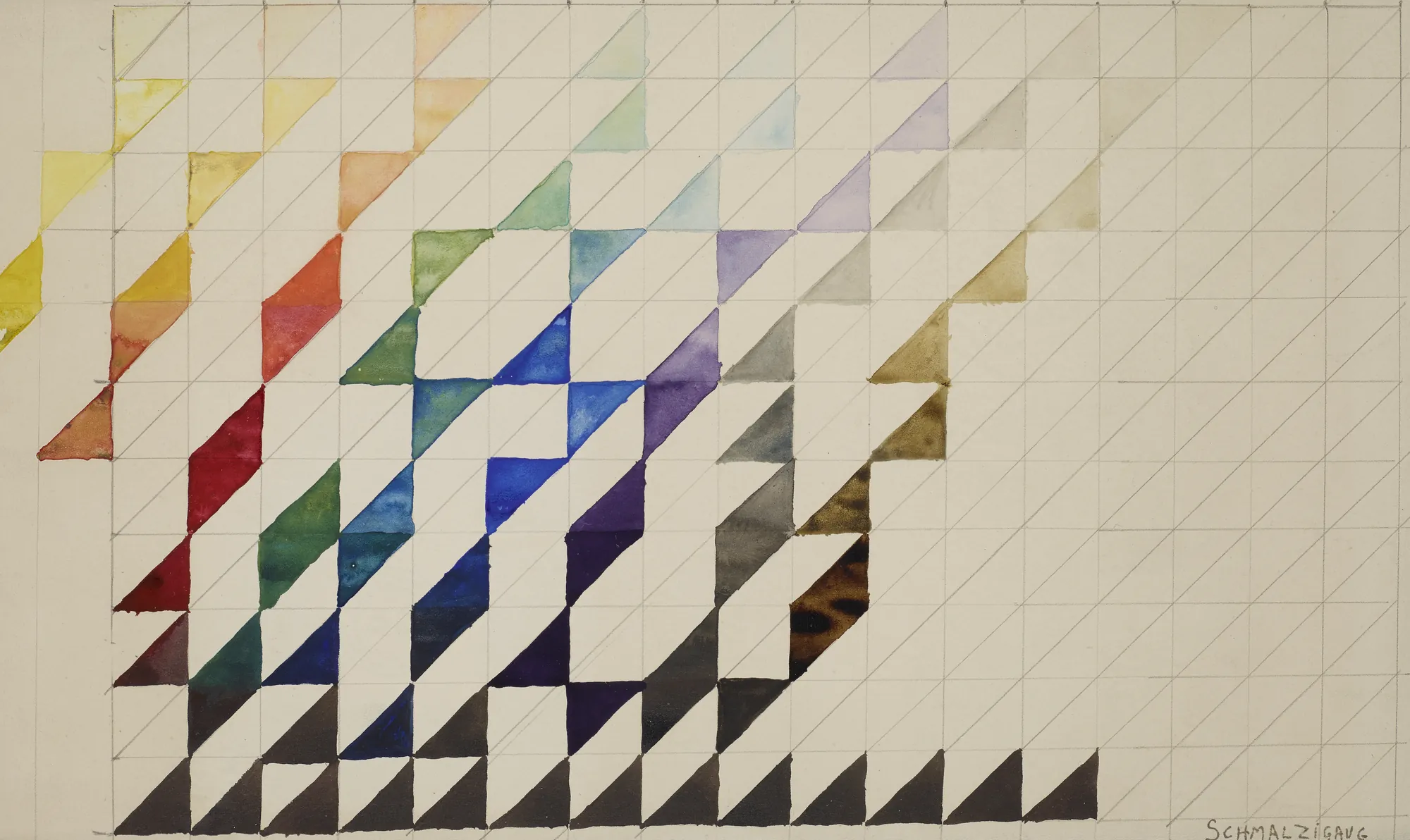 Compositie Compositie by Jules Schmalzigaug. A geometric watercolor study featuring a grid of interlocking triangles and diagonal shapes in varied hues on off-white paper.