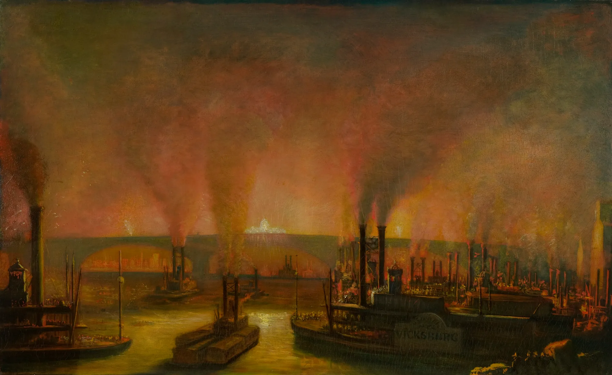 Dedication of Eads Bridge, St. Louis Dedication of Eads Bridge, St. Louis by William James Hinchey. A collection of steamboats crowded on a dark river with massive plumes of orange and red smoke rising against a dusky sky near a large bridge.