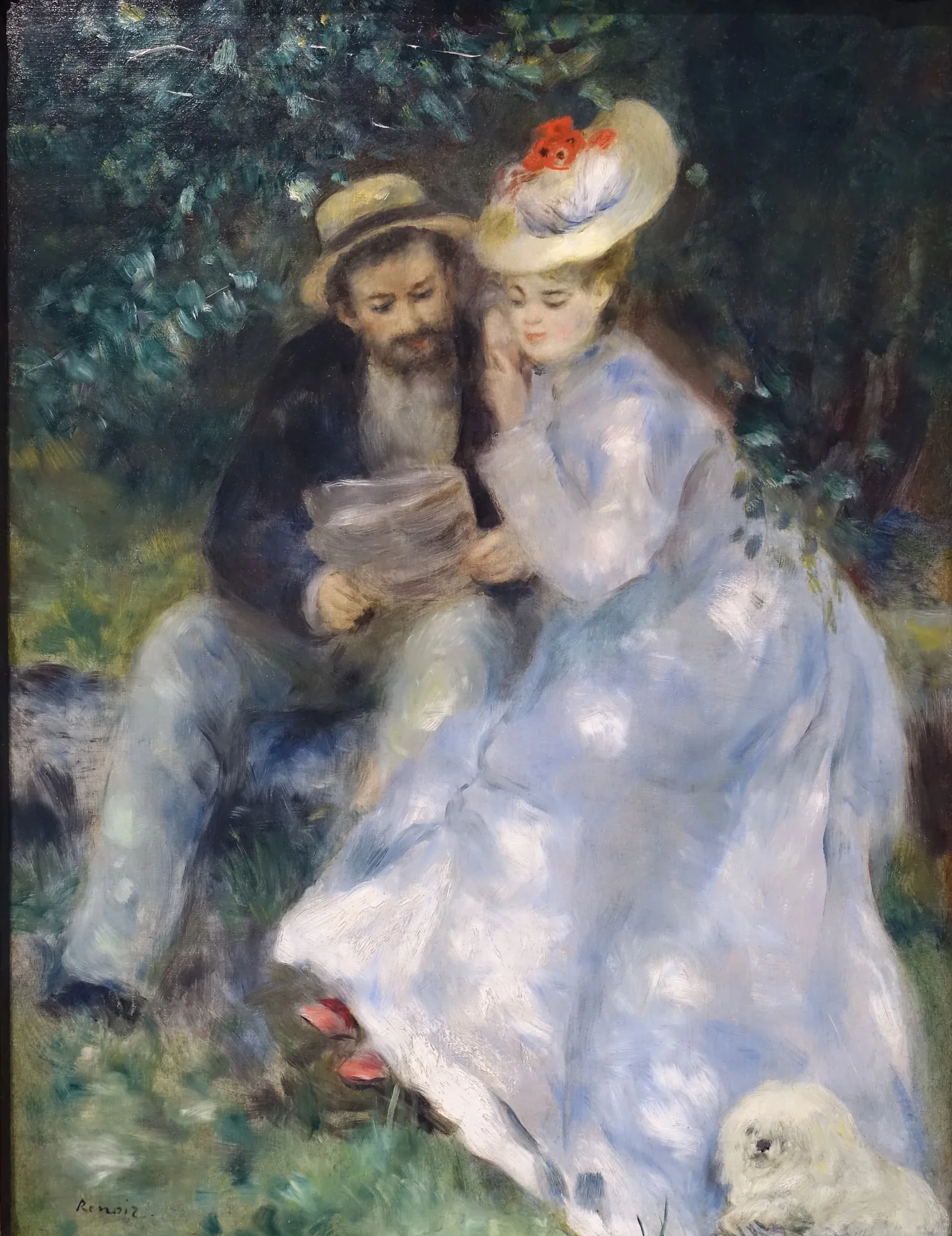 Confidences (Secrets) Confidences (Secrets) by Pierre-Auguste Renoir. An Impressionist painting depicting a man in a straw hat and a woman in a light blue dress sitting outdoors, accompanied by a small white dog.