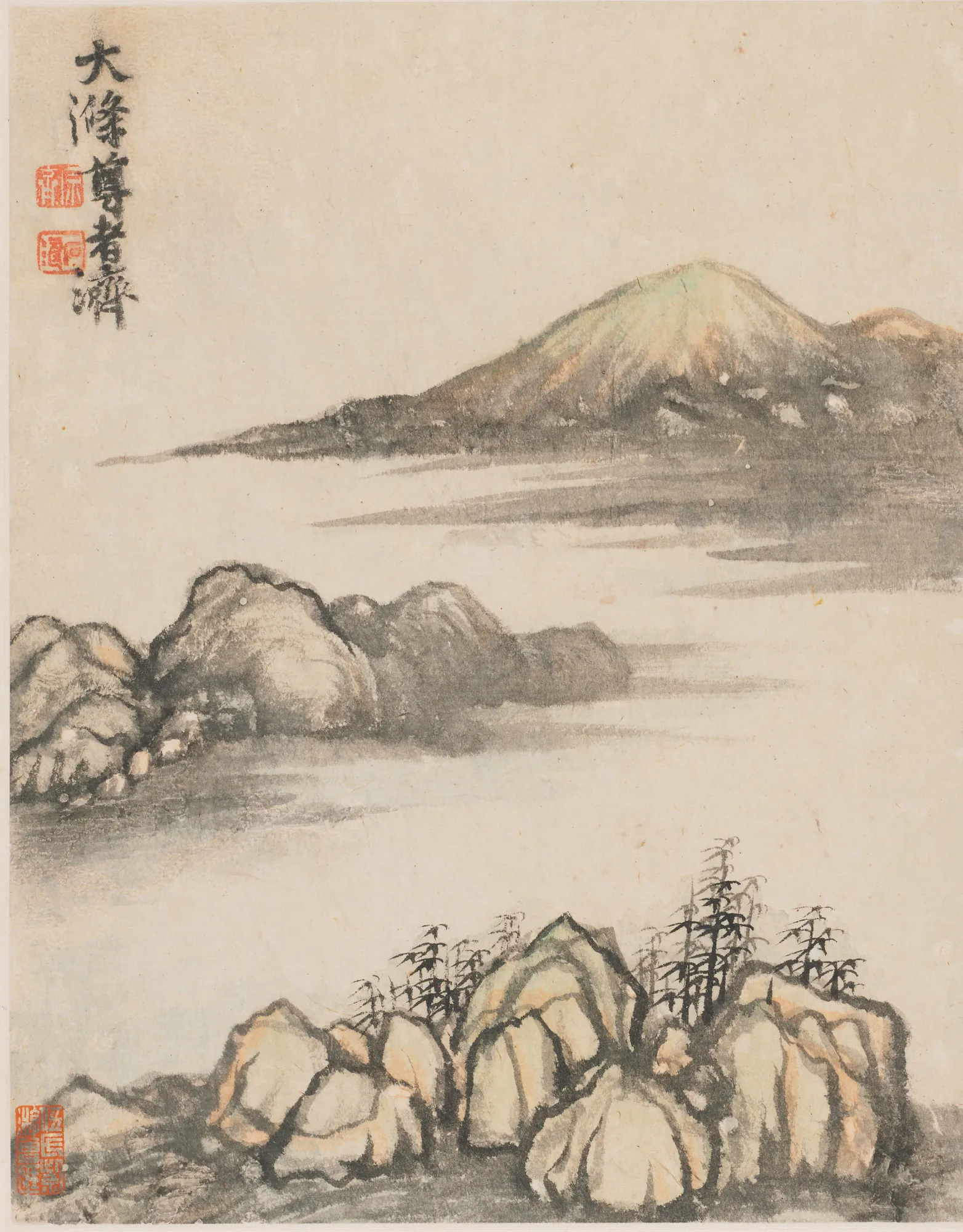 Reminiscences of Qinhuai River Reminiscences of Qinhuai River by Shitao. A delicate ink and wash landscape painting on paper featuring rounded mountain peaks, a serene river, and classical Chinese calligraphy with red seal stamps.