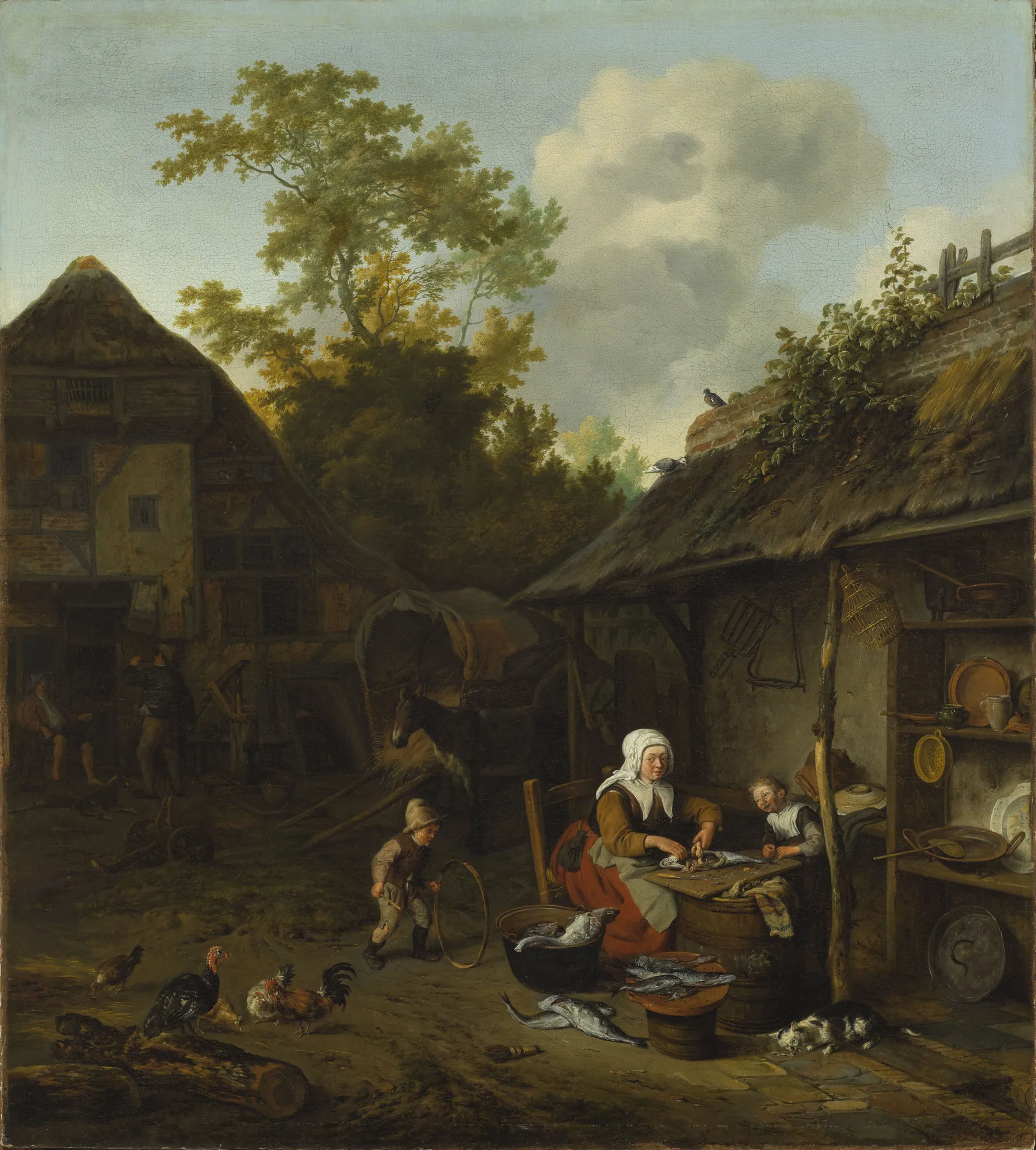 Fish Scraping Fish Scraping by Cornelis Dusart. A woman prepares fish on a barrel in a rustic courtyard while children play and chickens wander nearby.