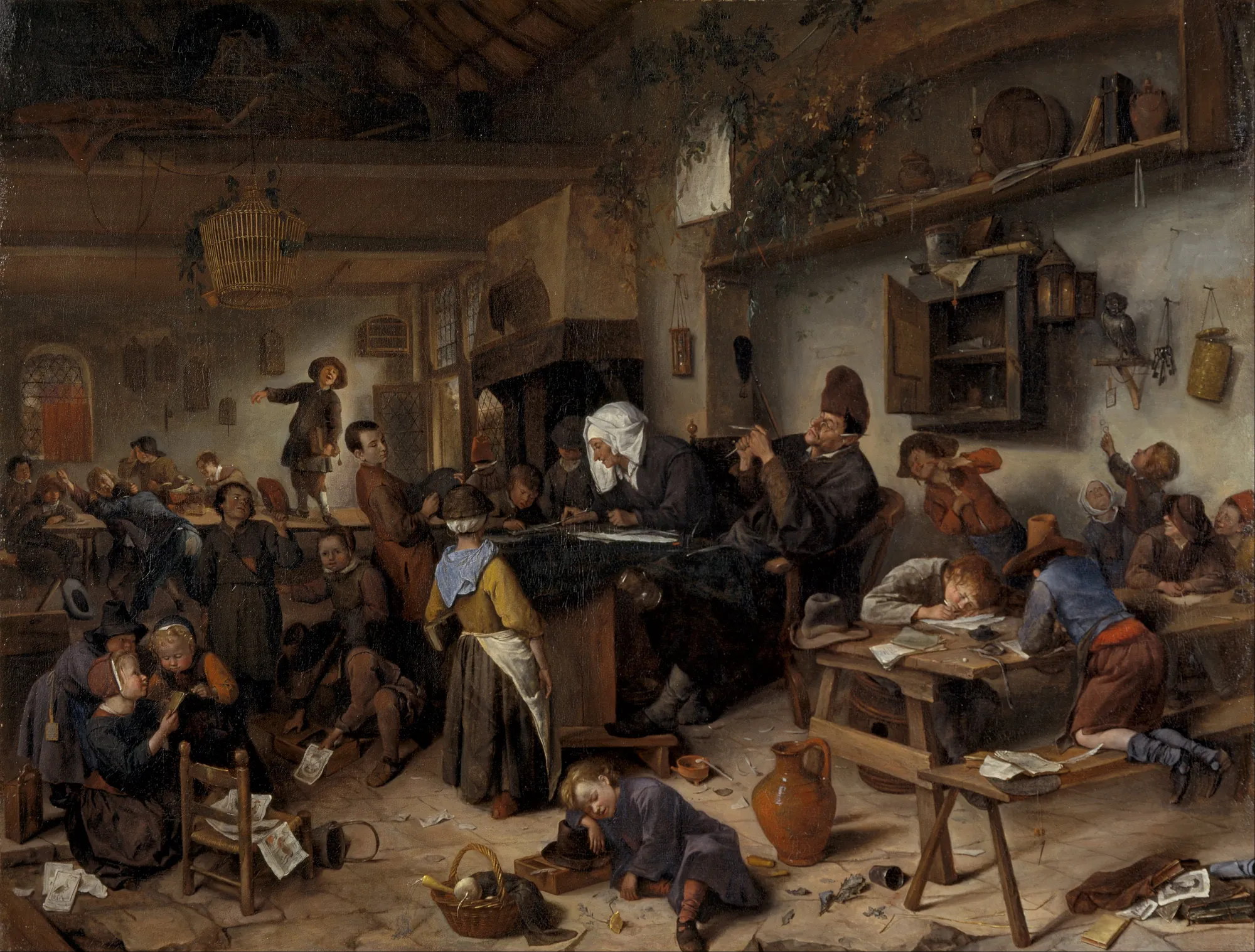 A School for Boys and Girls A School for Boys and Girls by Jan Steen. A chaotic 17th-century classroom filled with children engaged in various activities, from studying and playing to sleeping, while a schoolmaster sits centrally.