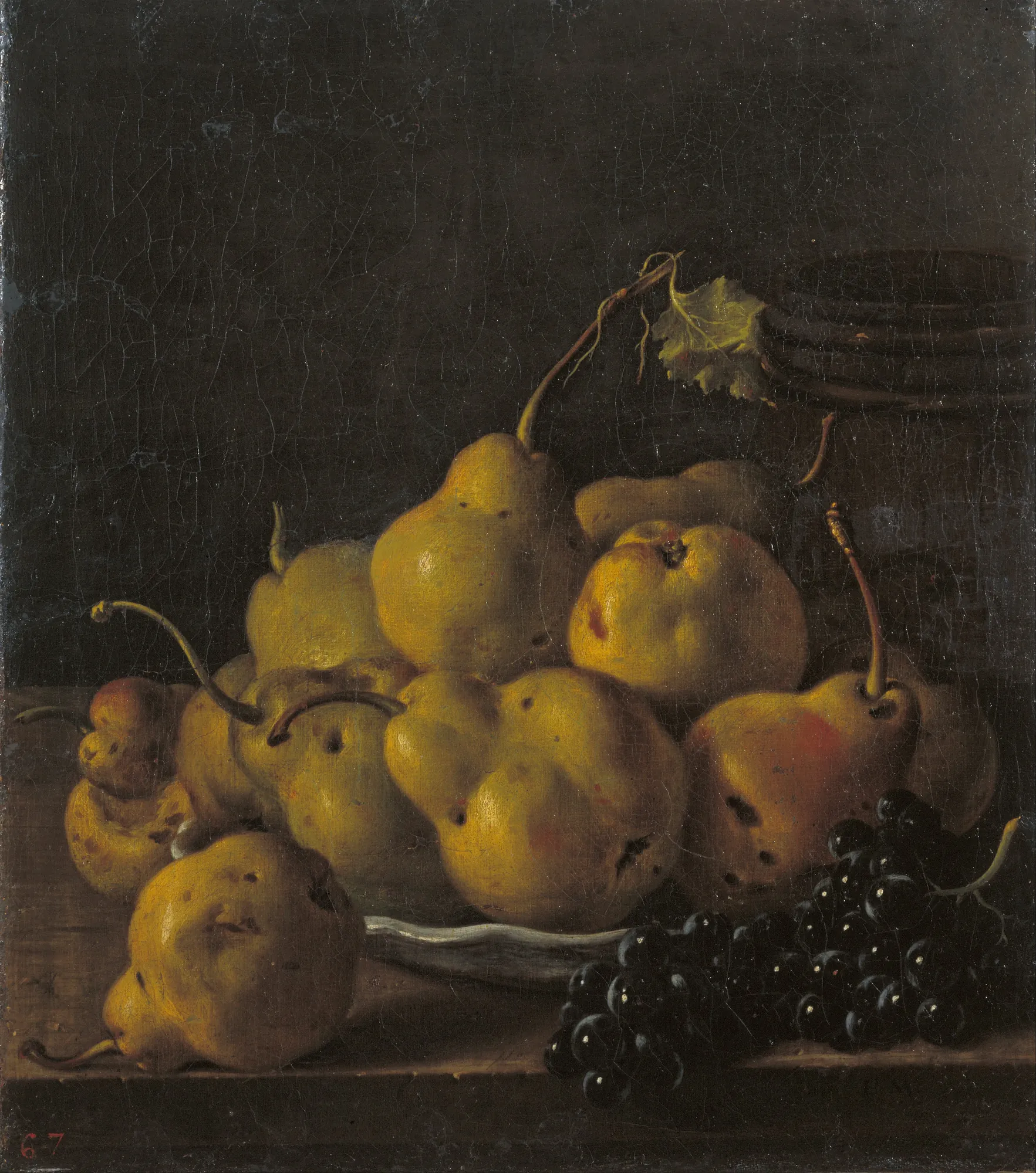 Still Life with Pears and Grapes Still Life with Pears and Grapes by Luis Egidio Meléndez. A collection of yellow pears on a white ceramic plate beside a cluster of dark grapes on a wooden surface against a dark background.