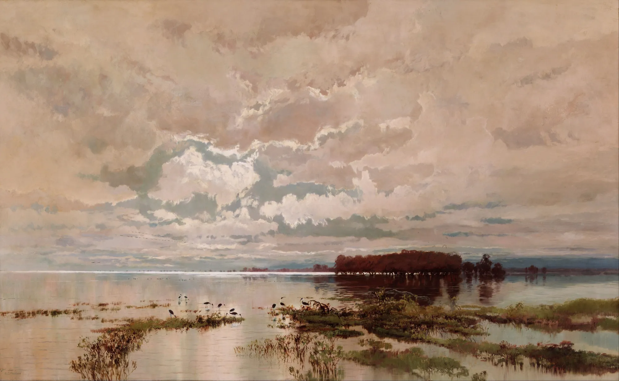 The Flood in the Darling, 1890 The Flood in the Darling, 1890 by William Piguenit. A wide view of a flooded plain under a vast, cloud-filled sky, with water birds wading in the shallow foreground and a line of dark trees reflecting in the distance.
