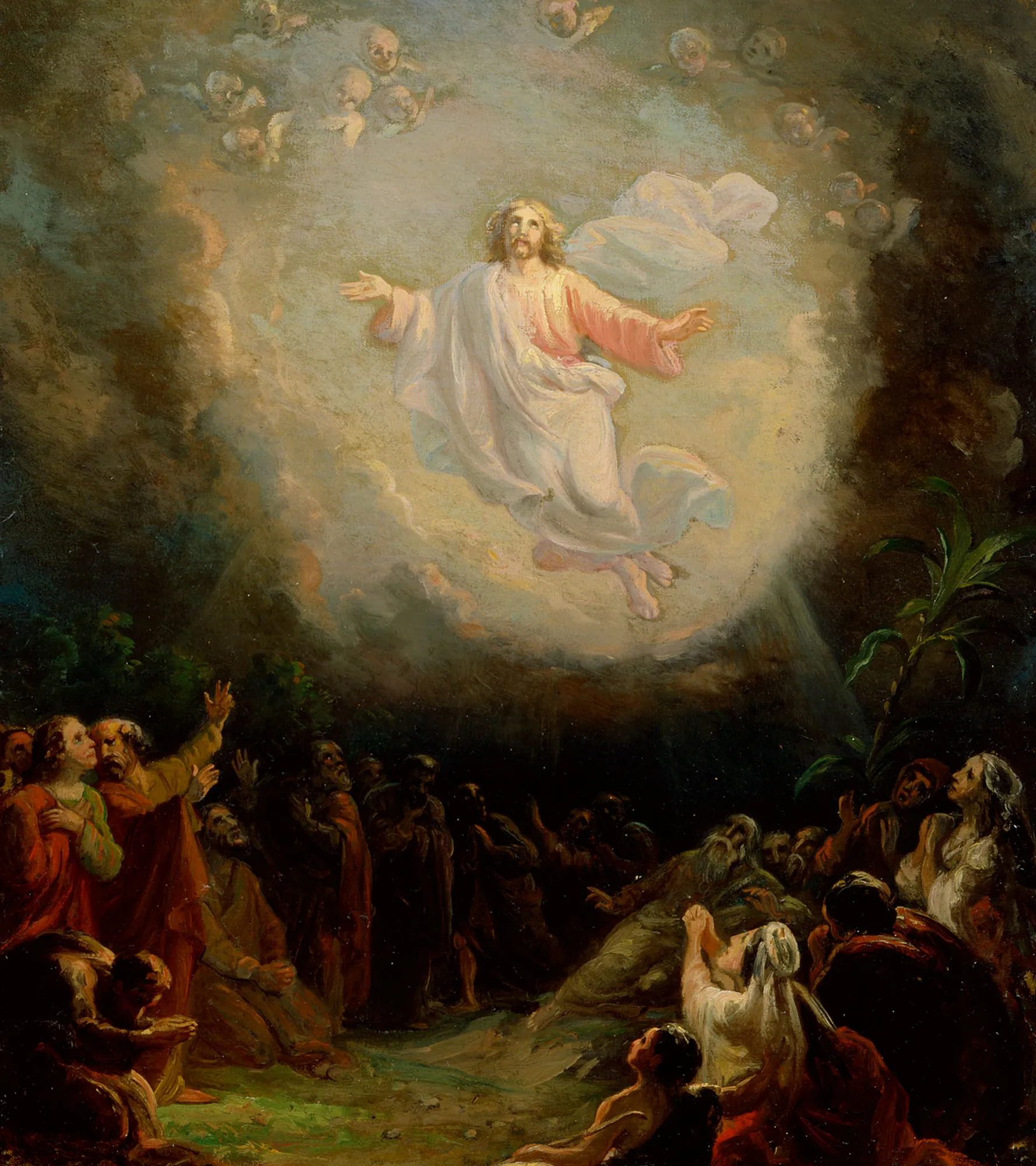 The Ascension of Christ The Ascension of Christ by Robert Wilhelm Ekman. A luminous figure of Christ ascends into a swirling cloud of light surrounded by cherubs, while a group of apostles watches from the dark ground below.