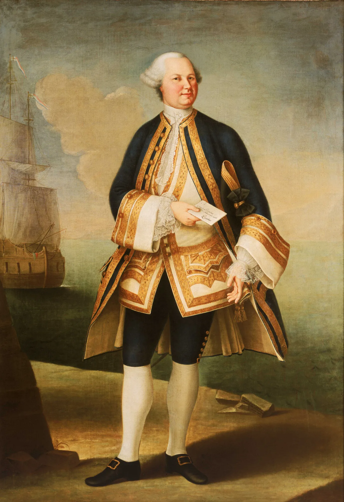 Captain Edward Hughes Captain Edward Hughes by Violante Beatrice Siries. A full-length portrait of a naval officer in a gold-braided blue uniform holding a letter, with a ship anchored in the background sea.