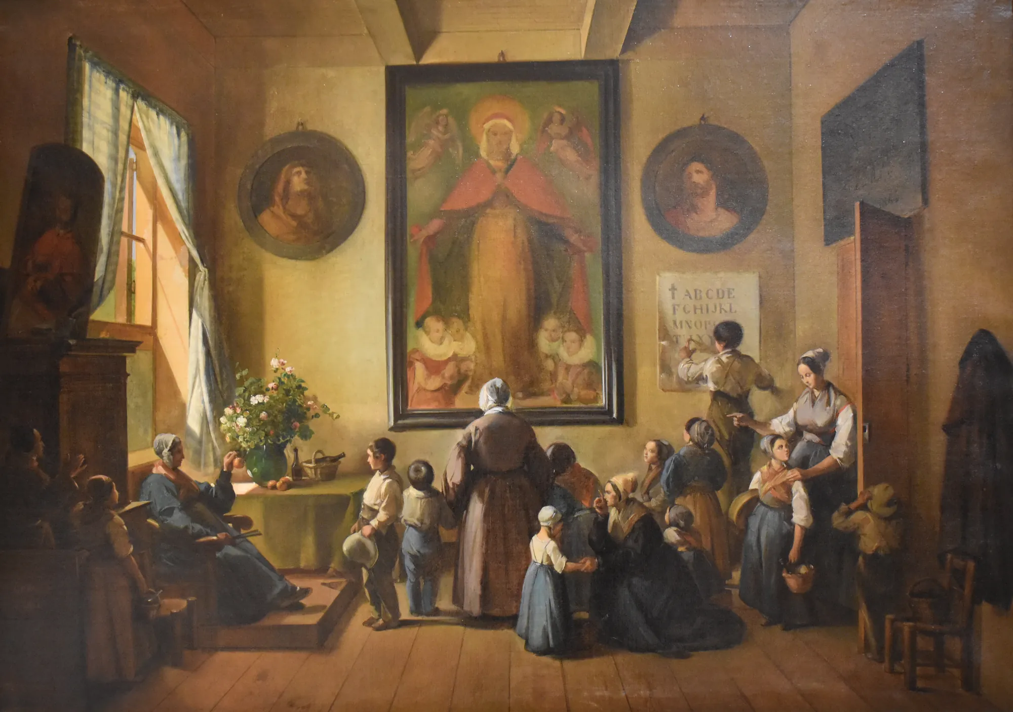 Intérieur d'une salle d'asile Intérieur d'une salle d'asile by François Marius Granet. A 19th-century interior scene depicting a group of children and women gathered in a sunlit classroom setting featuring a large religious painting.