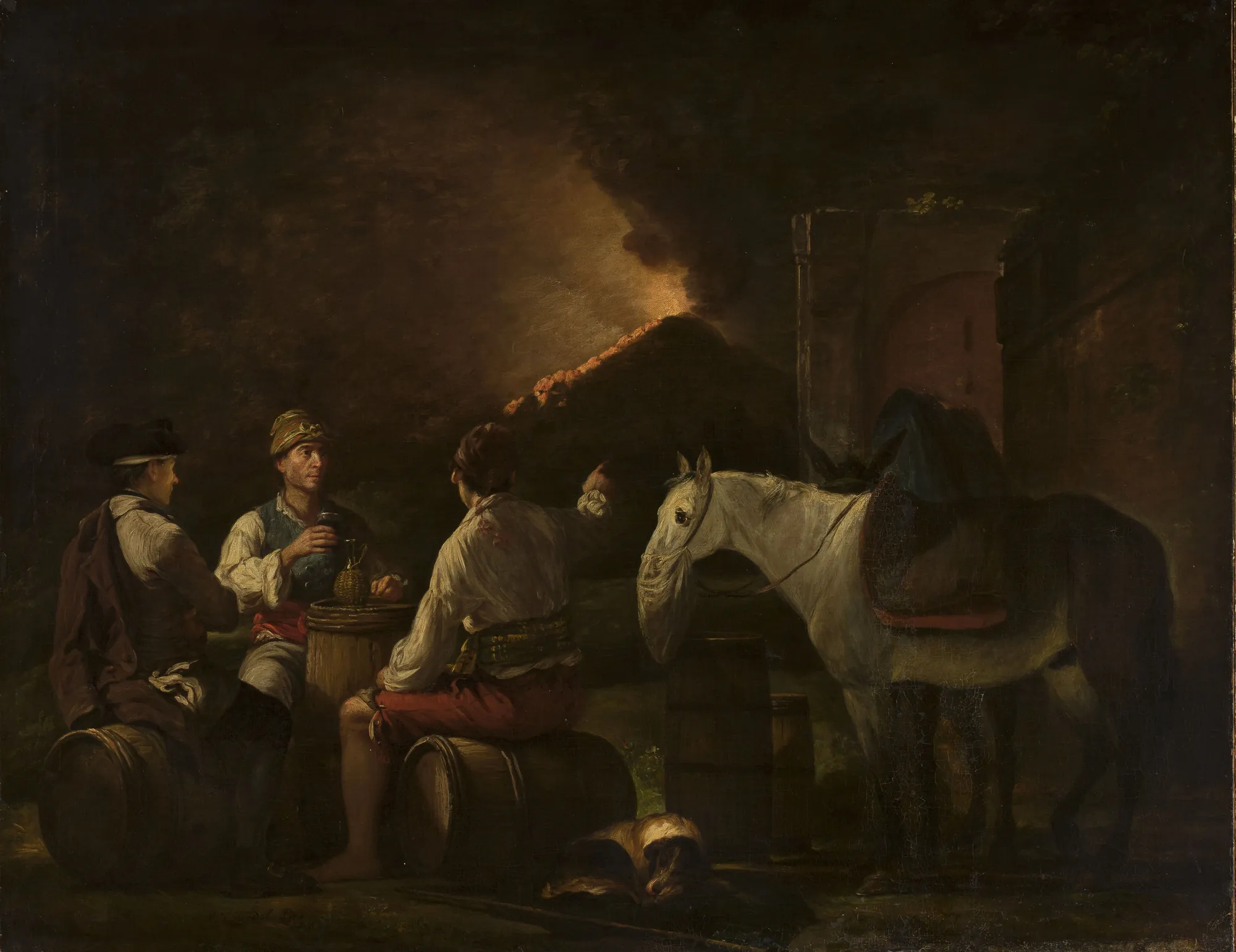 Drinking Wine Drinking Wine by Martin Ferdinand Quadal. A group of three men sit on wine barrels in a dark landscape, gesturing toward a glowing volcano in the distance while a white horse stands nearby.