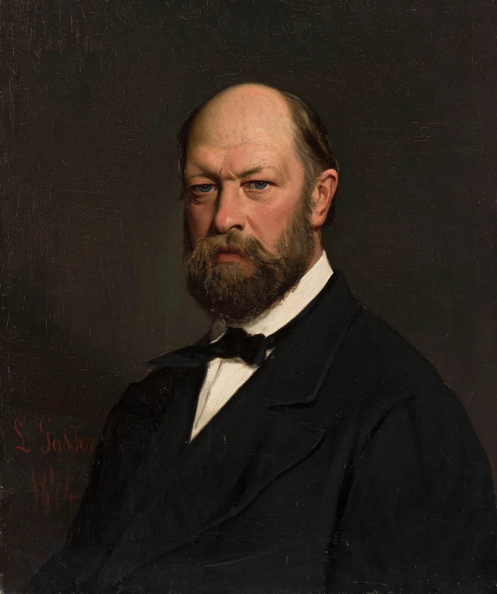 Portrait of Aleksander Branicki Portrait of Aleksander Branicki by Leonardo Gasser. A formal oil portrait of a middle-aged man with a full beard and a steady gaze, wearing a dark suit against a shadowy background.