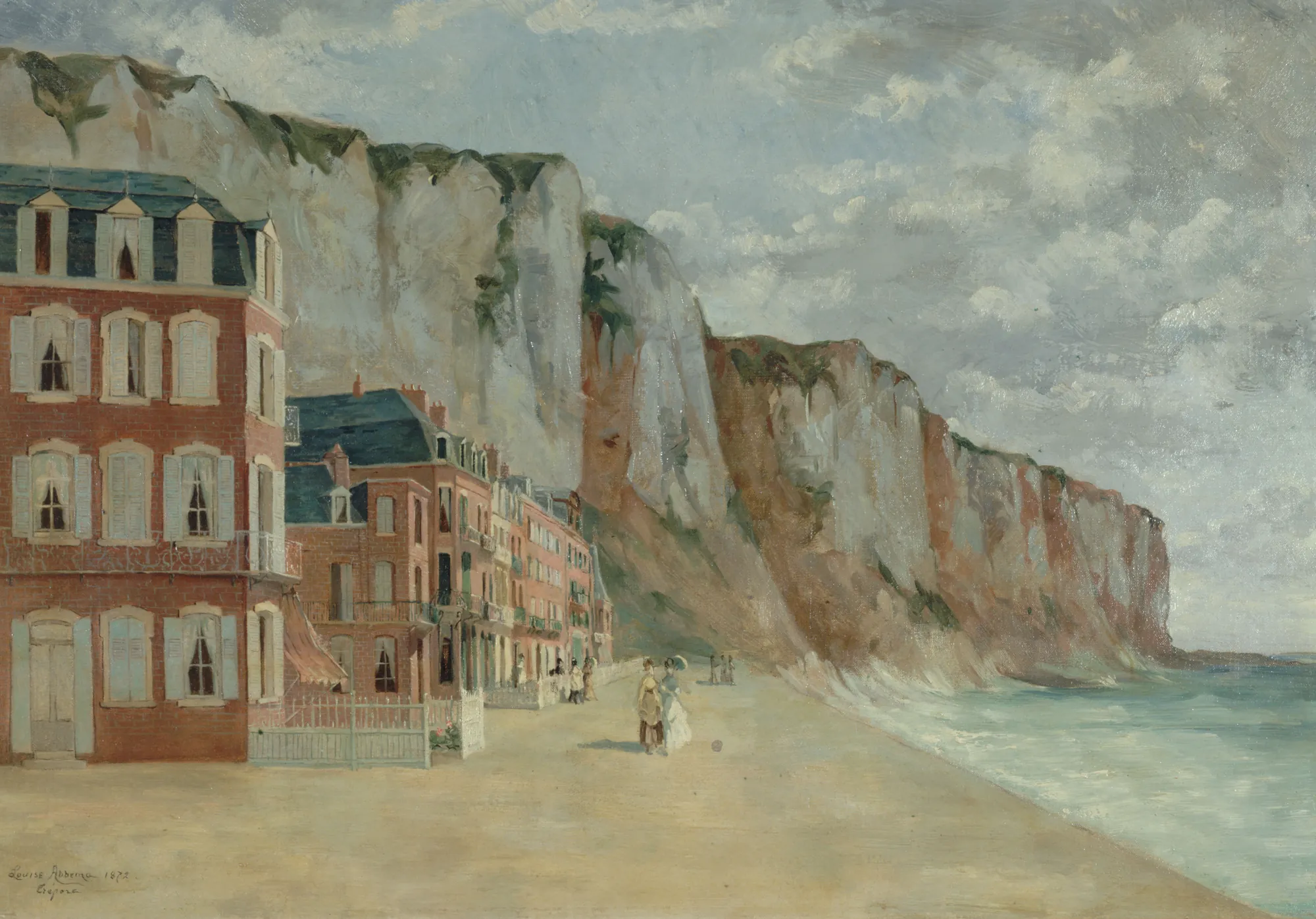 Le Tréport Le Tréport by Louise Abbéma. An oil painting of the coast at Le Tréport, showing red brick villas along the beach and steep chalk cliffs receding into the distance under a pale, clouded sky.