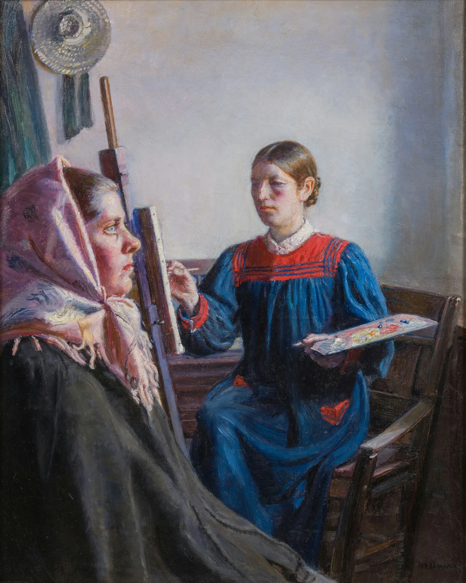 Anna Ancher Painting a Model Anna Ancher Painting a Model by Michael Ancher. An interior scene showing artist Anna Ancher seated at an easel with a palette, painting a model who sits in profile wearing a headscarf.