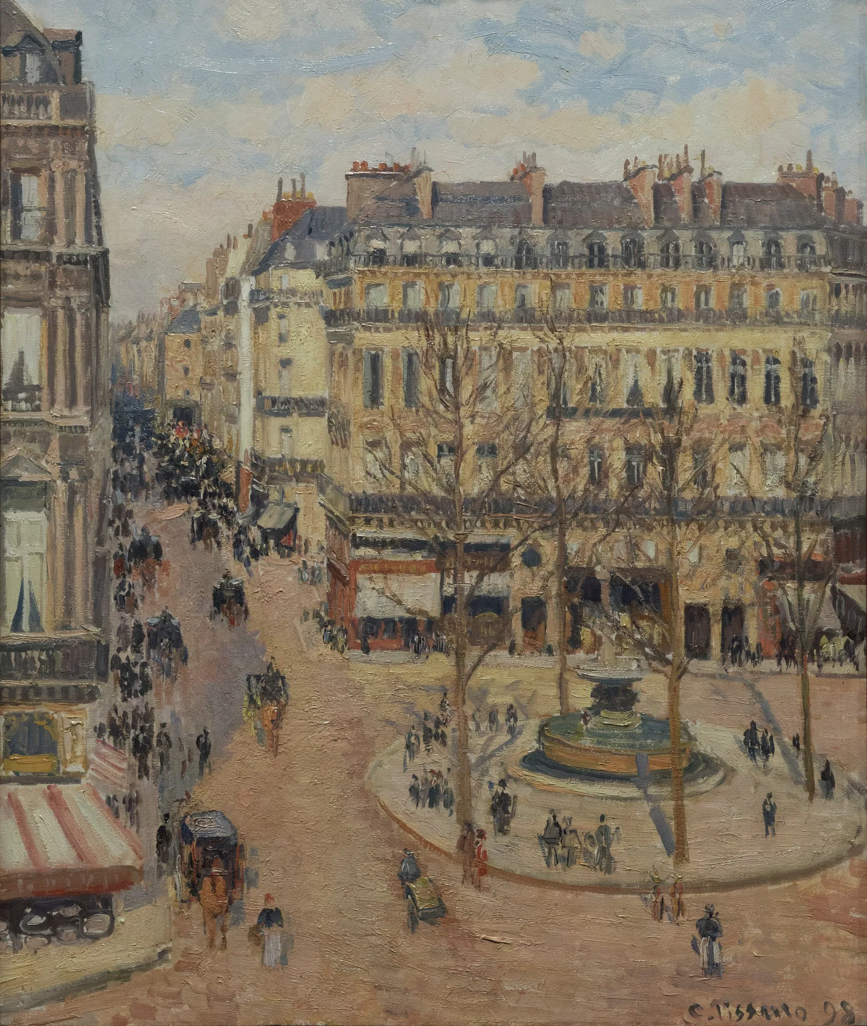 Rue Saint-Honoré, Morning Sun Rue Saint-Honoré, Morning Sun by Camille Pissarro. An Impressionist elevated view of a bustling Parisian square with figures, horse-drawn carriages, and a fountain under a bright morning sky.
