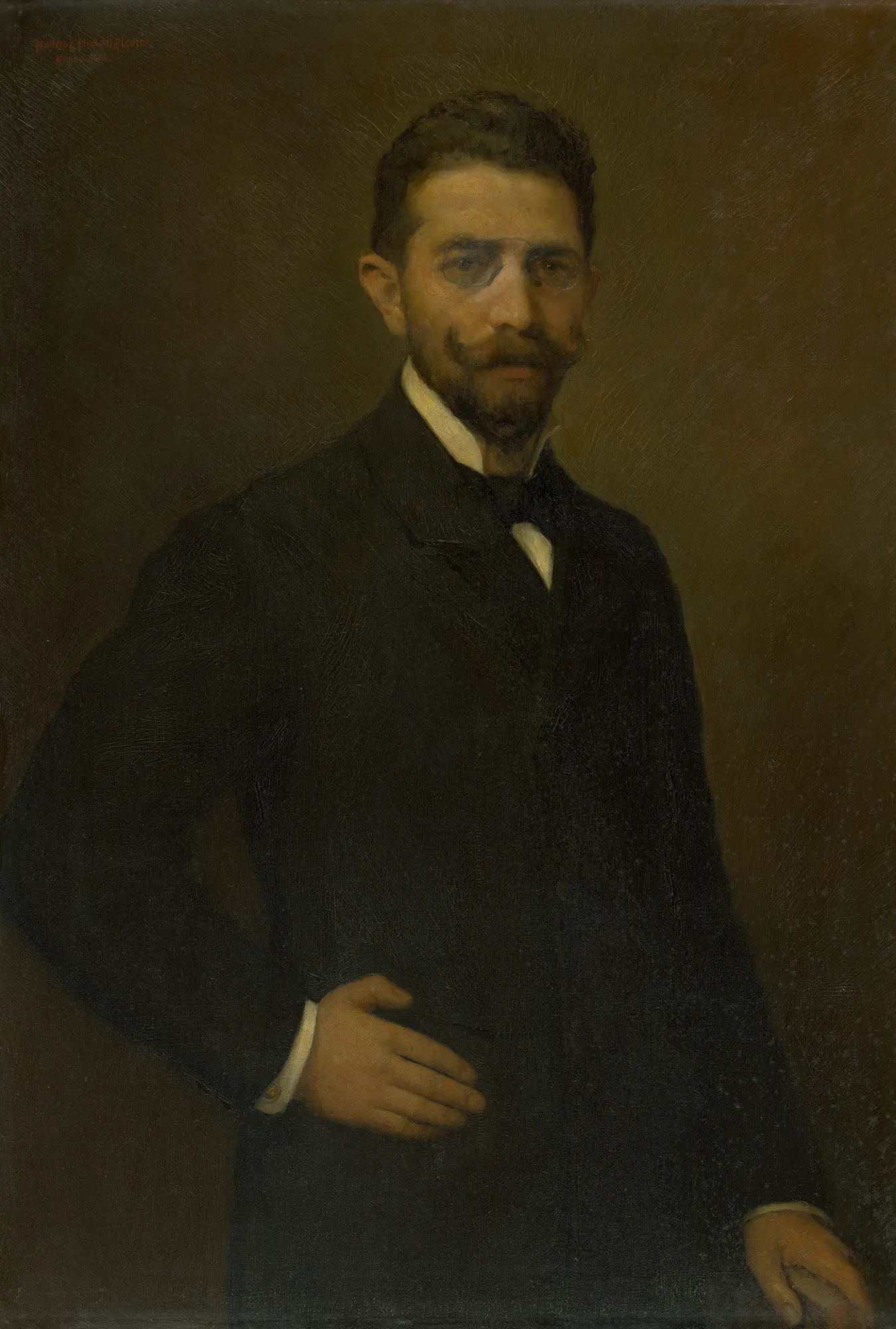 Portrait of Vojtech Halmi Portrait of Vojtech Halmi by Elemír Halász-Hradil. A waist-up oil portrait of a gentleman with a mustache and spectacles, wearing a dark suit against a shadowy background.