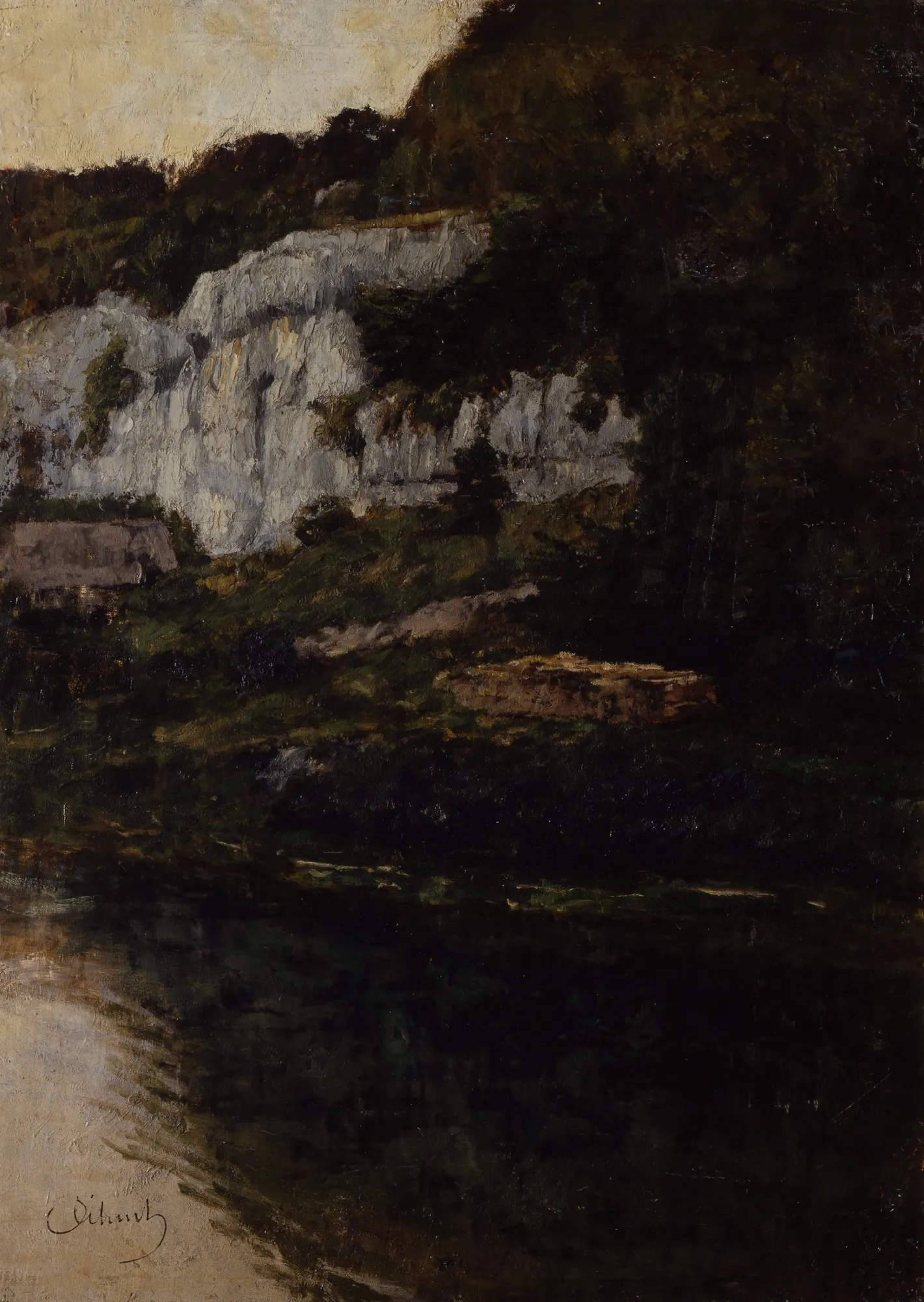 Rock Face at Saut de Doubs II Rock Face at Saut de Doubs II by Carl Schuch. An atmospheric oil painting depicting a steep, pale rock face overlooking dark, reflective water under a dim sky.