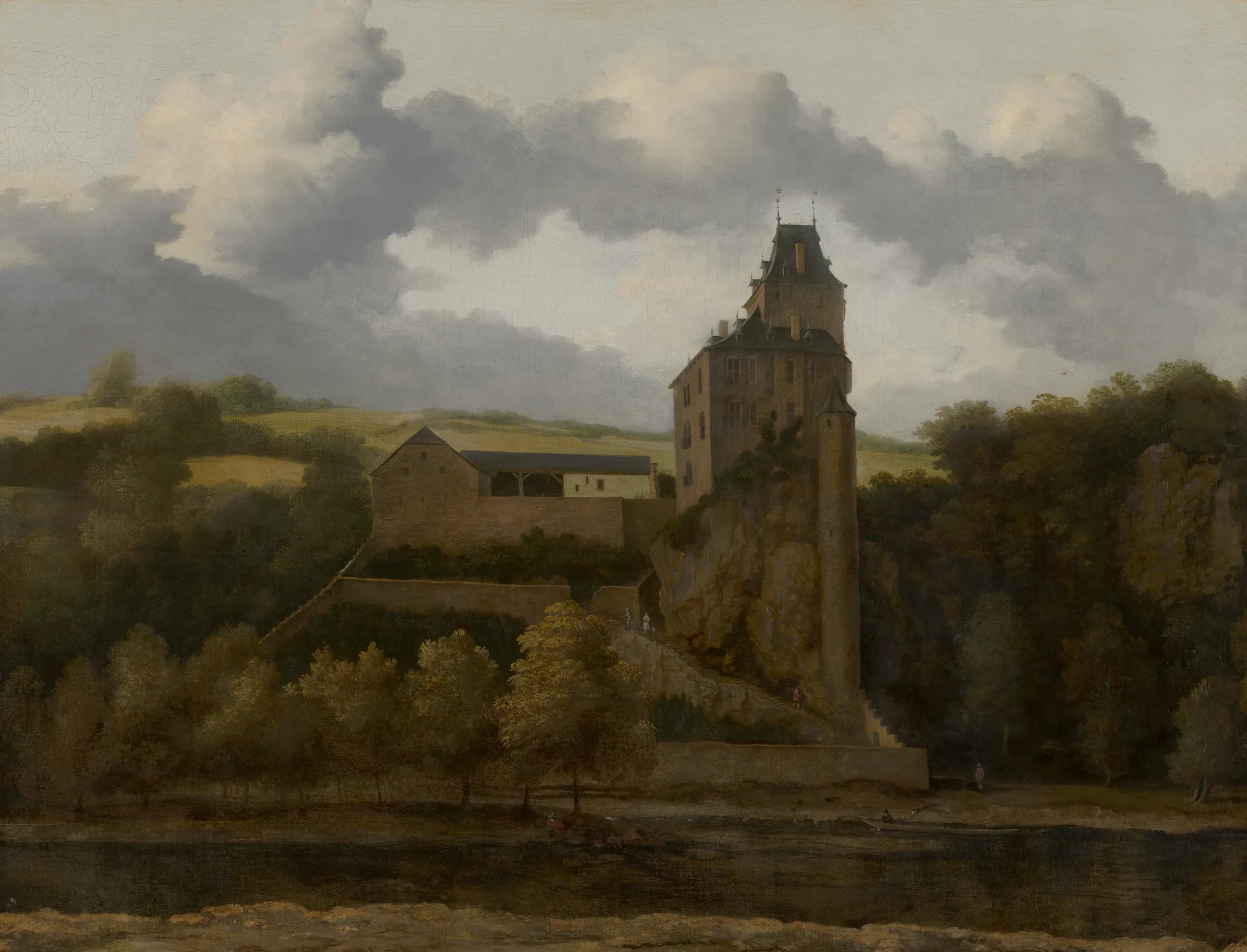 View of Montjardin Castle View of Montjardin Castle by Allaert van Everdingen. A tall, narrow castle perched on a rocky cliff overlooking a river, set against a backdrop of rolling hills and a cloudy sky.