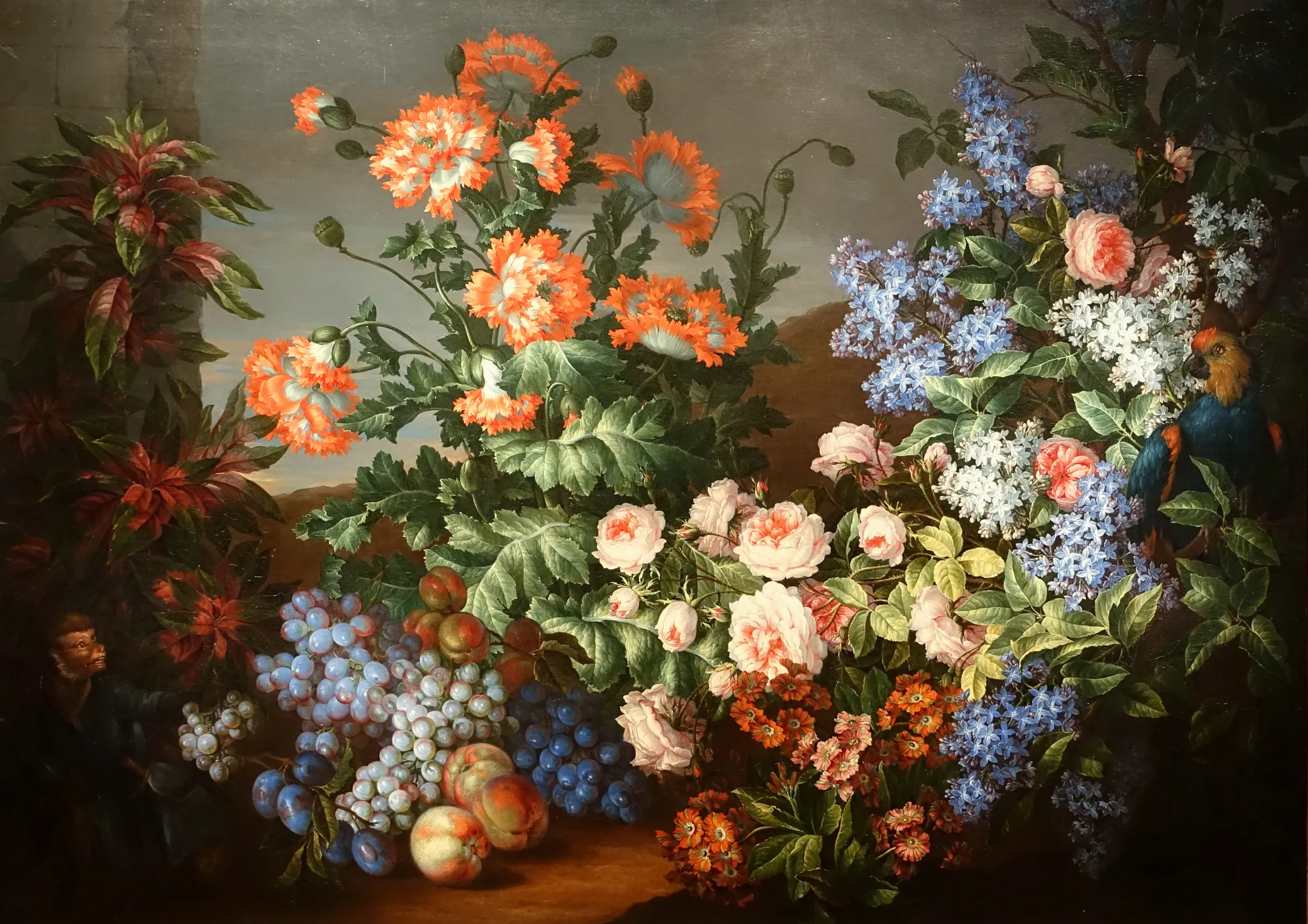 Still Life with Flowers, Fruits, a Parrot and a Monkey