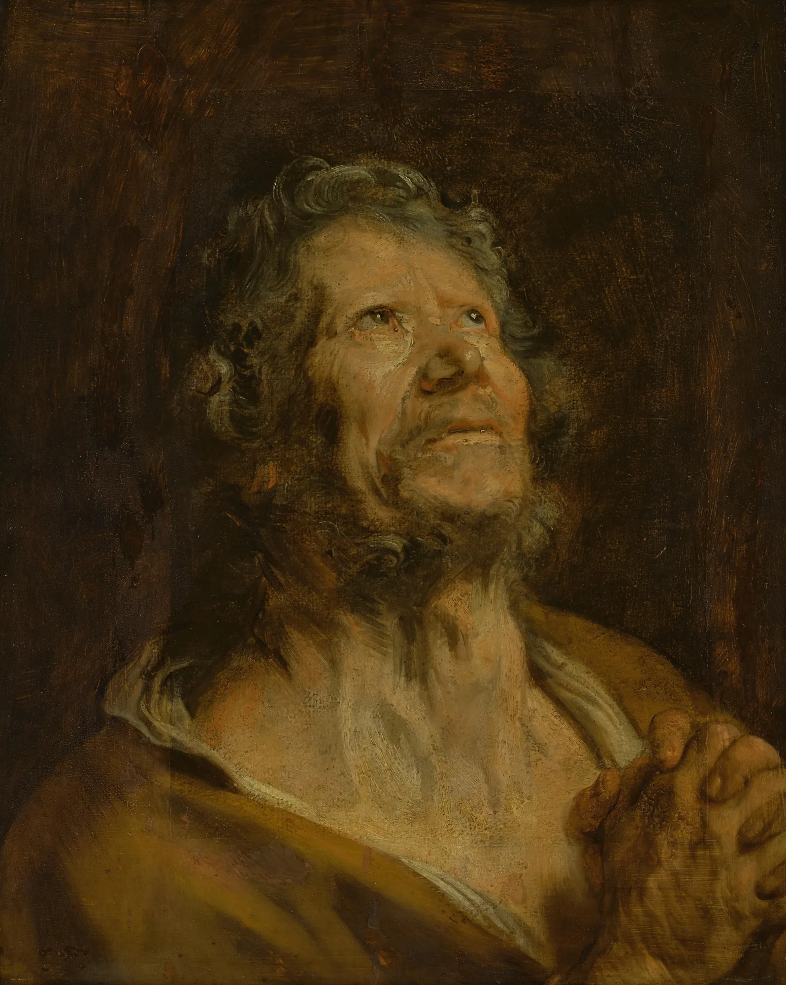 An Apostle with Folded Hands An Apostle with Folded Hands by Anthony van Dyck. A bust-length portrait of an elderly man looking heavenward with clasped hands, painted with dramatic lighting and warm brown tones.