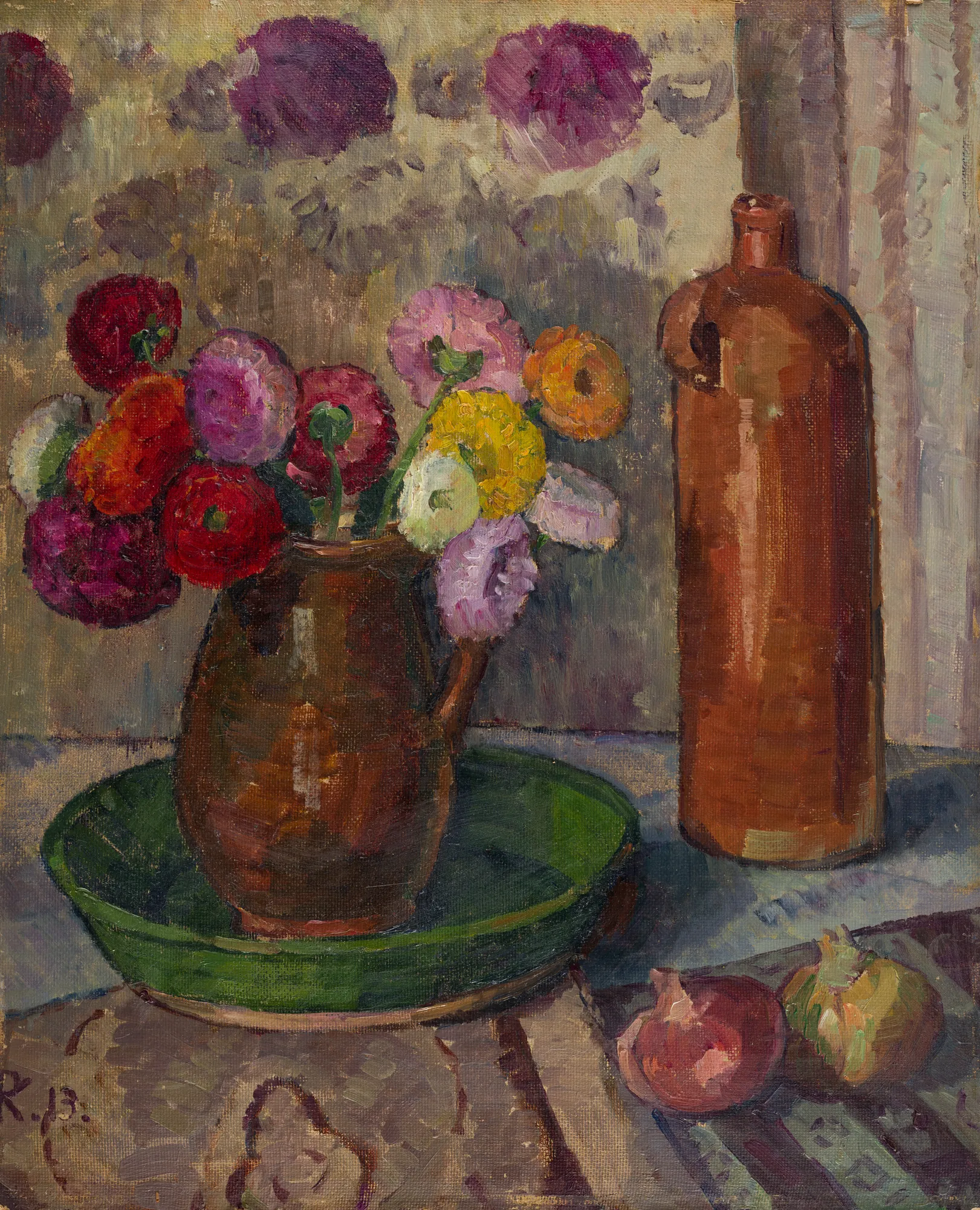 Still Life with Flowers, Onions and Stoneware Jug
