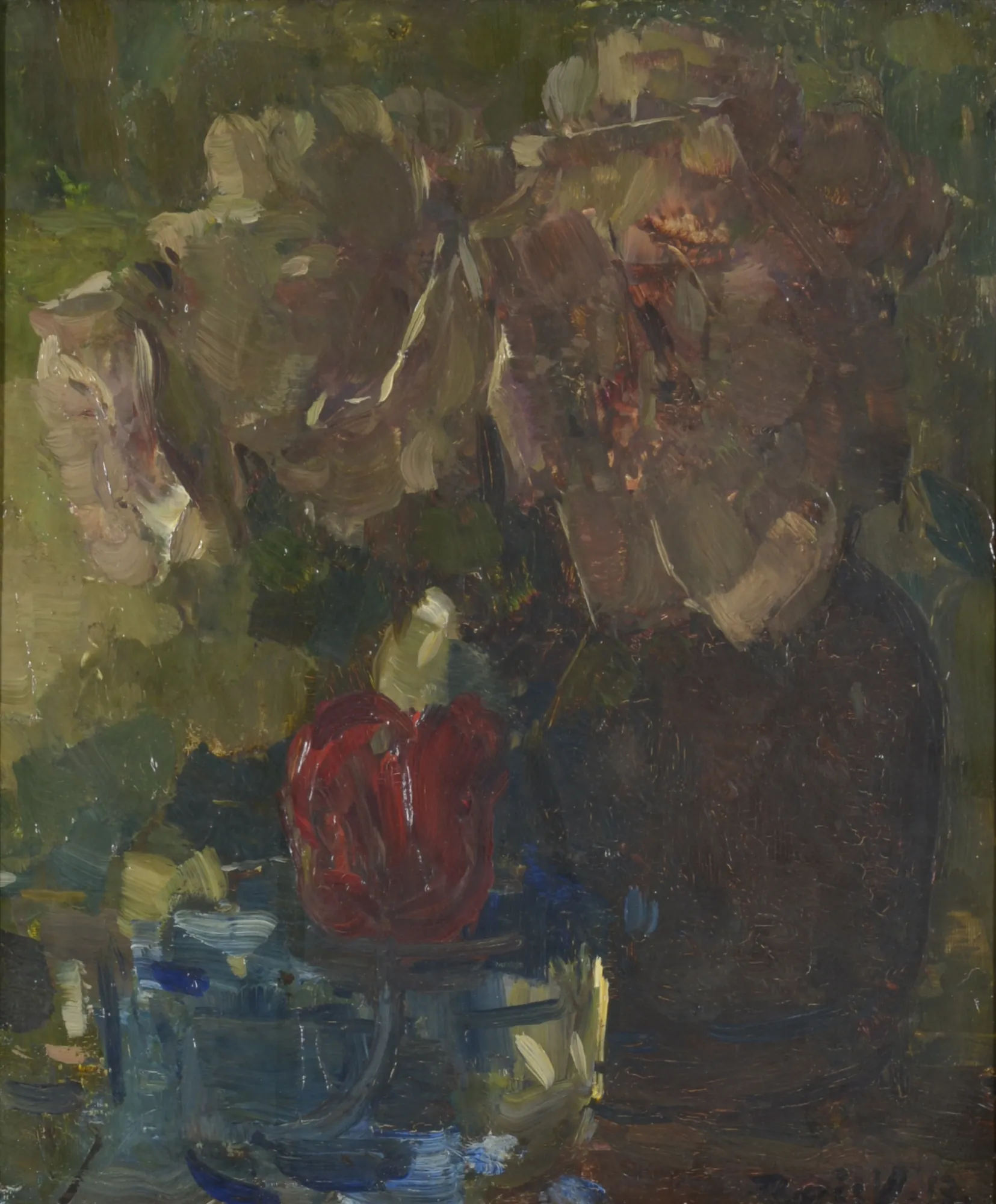 Flower Study (Roses) Flower Study (Roses) by Floris Verster. An oil painting depicting a cluster of roses in a dark vase, featuring thick, expressive brushstrokes and a muted, earthy color palette with a prominent red flower.