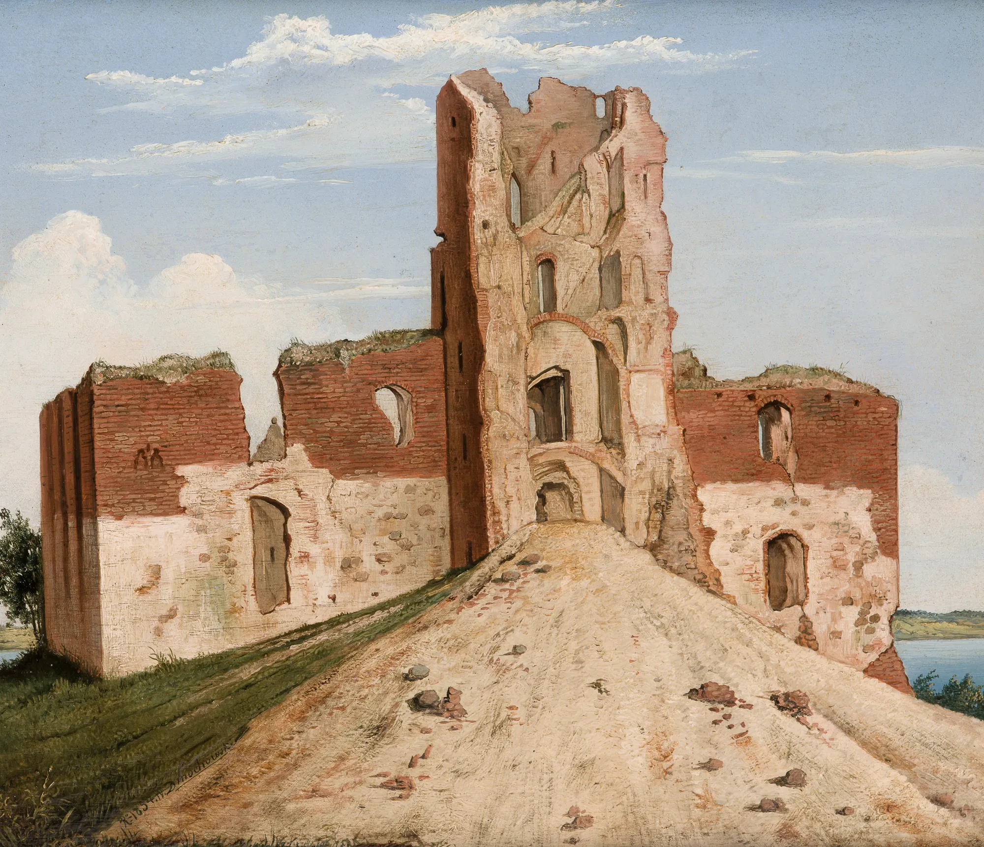 View of the Castle at Trakai View of the Castle at Trakai by Wincenty Dmochowski. An oil painting depicting the prominent red brick ruins of Trakai Castle standing against a pale blue sky.